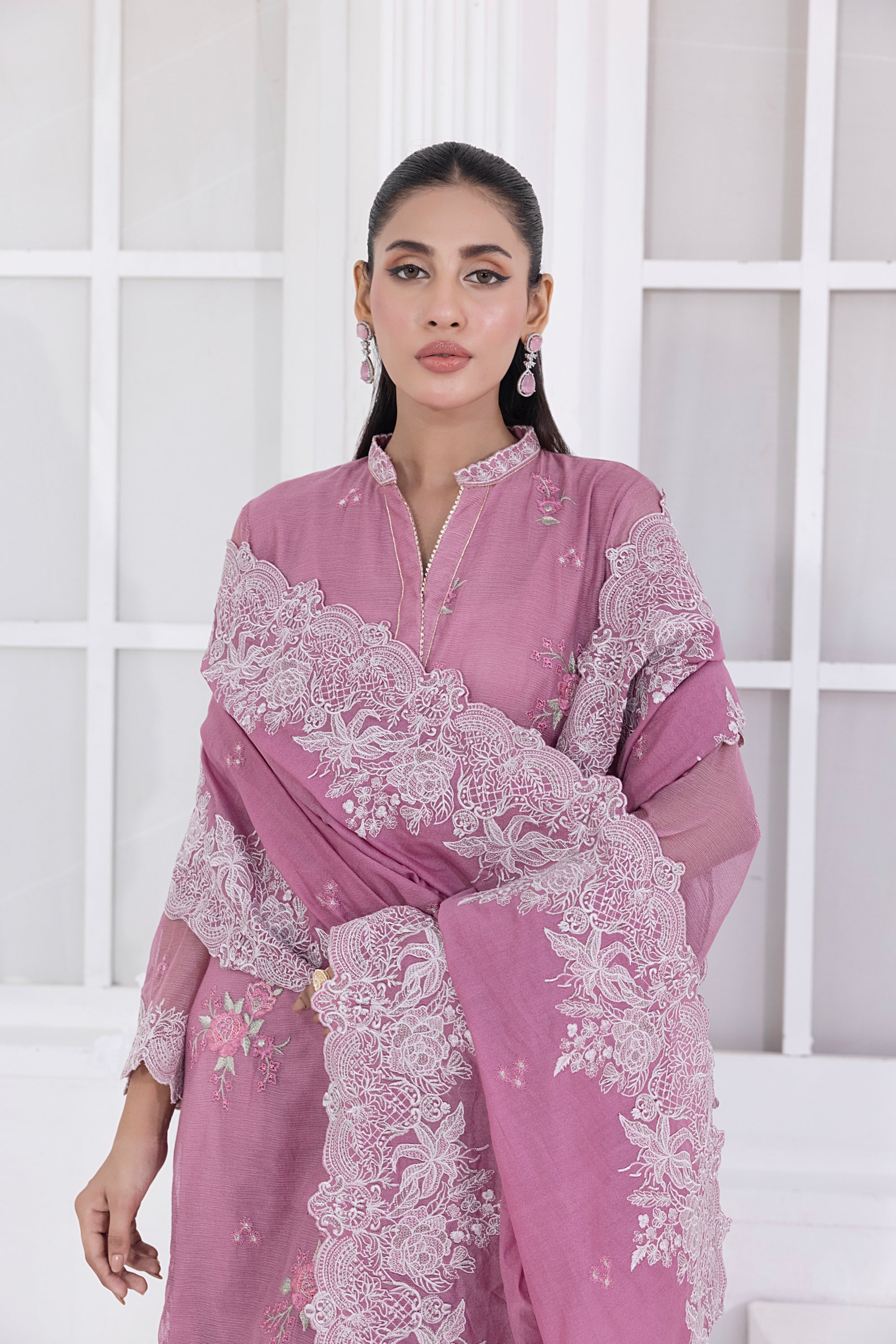 03 Piece Ready To Wear Embroidered Khaddi Net With Embroidered Fancy Net Dupatta