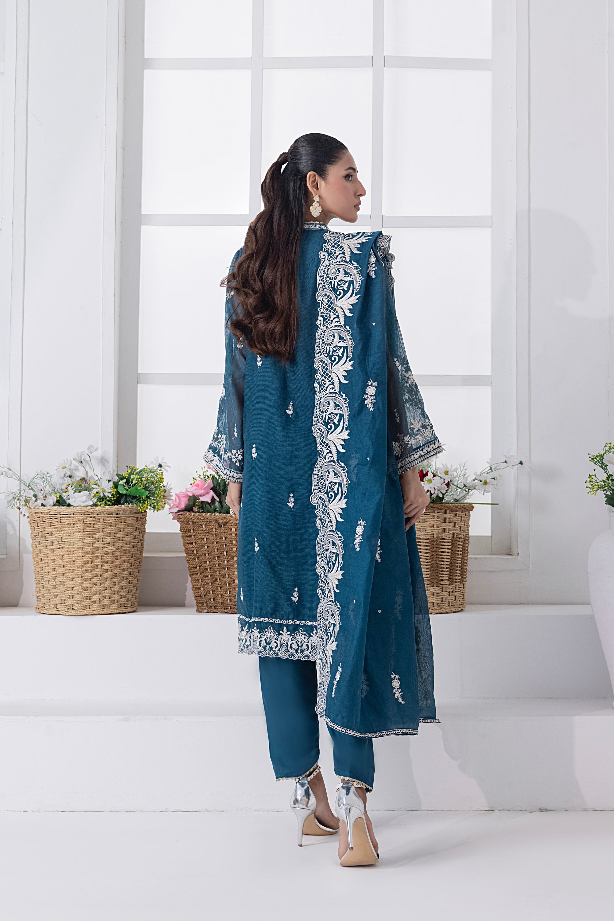 03 Piece Ready To Wear Embroidered Khaddi Net With Embroidered Fancy Net Dupatta