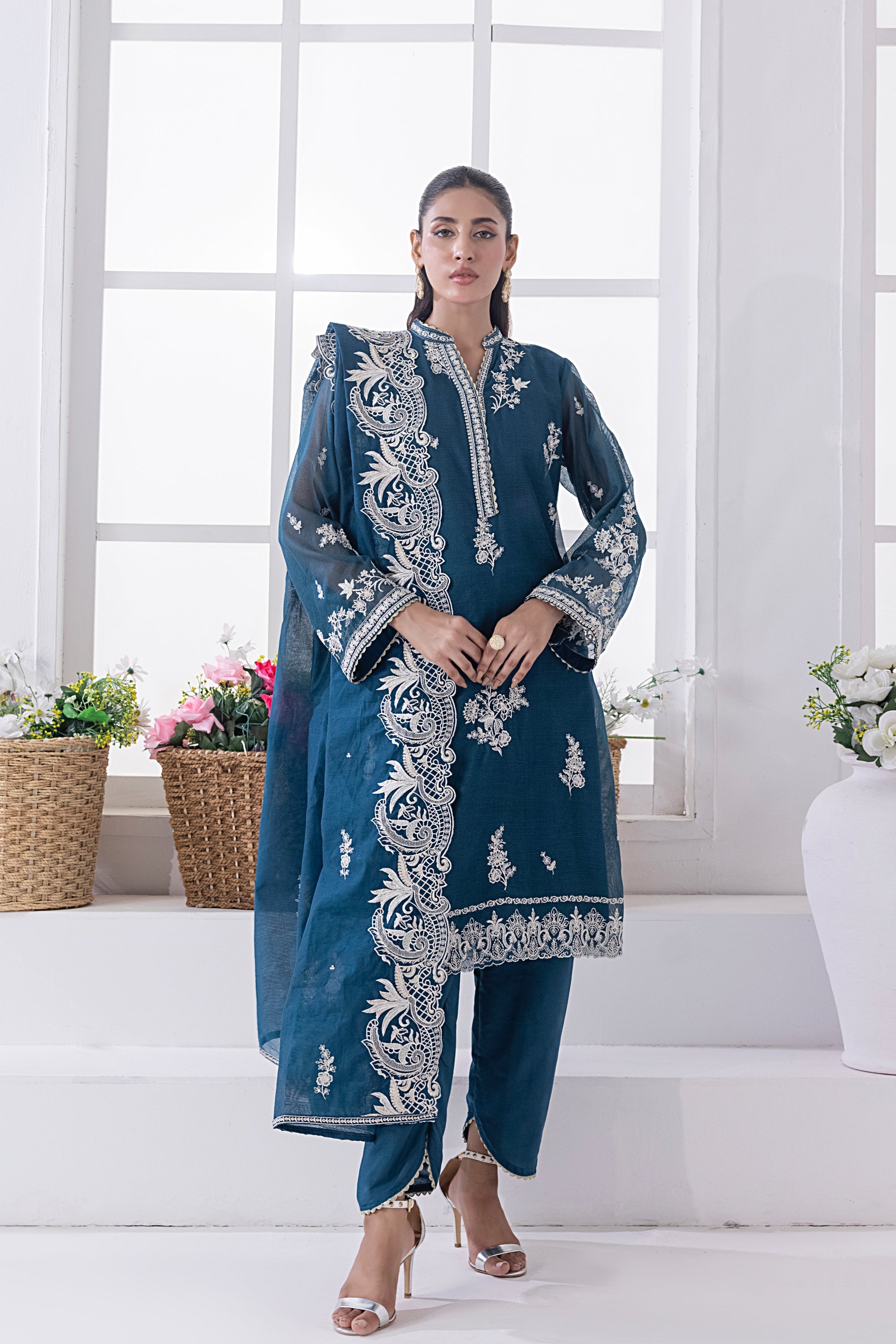 03 Piece Ready To Wear Embroidered Khaddi Net With Embroidered Fancy Net Dupatta