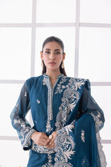 03 Piece Ready To Wear Embroidered Khaddi Net With Embroidered Fancy Net Dupatta