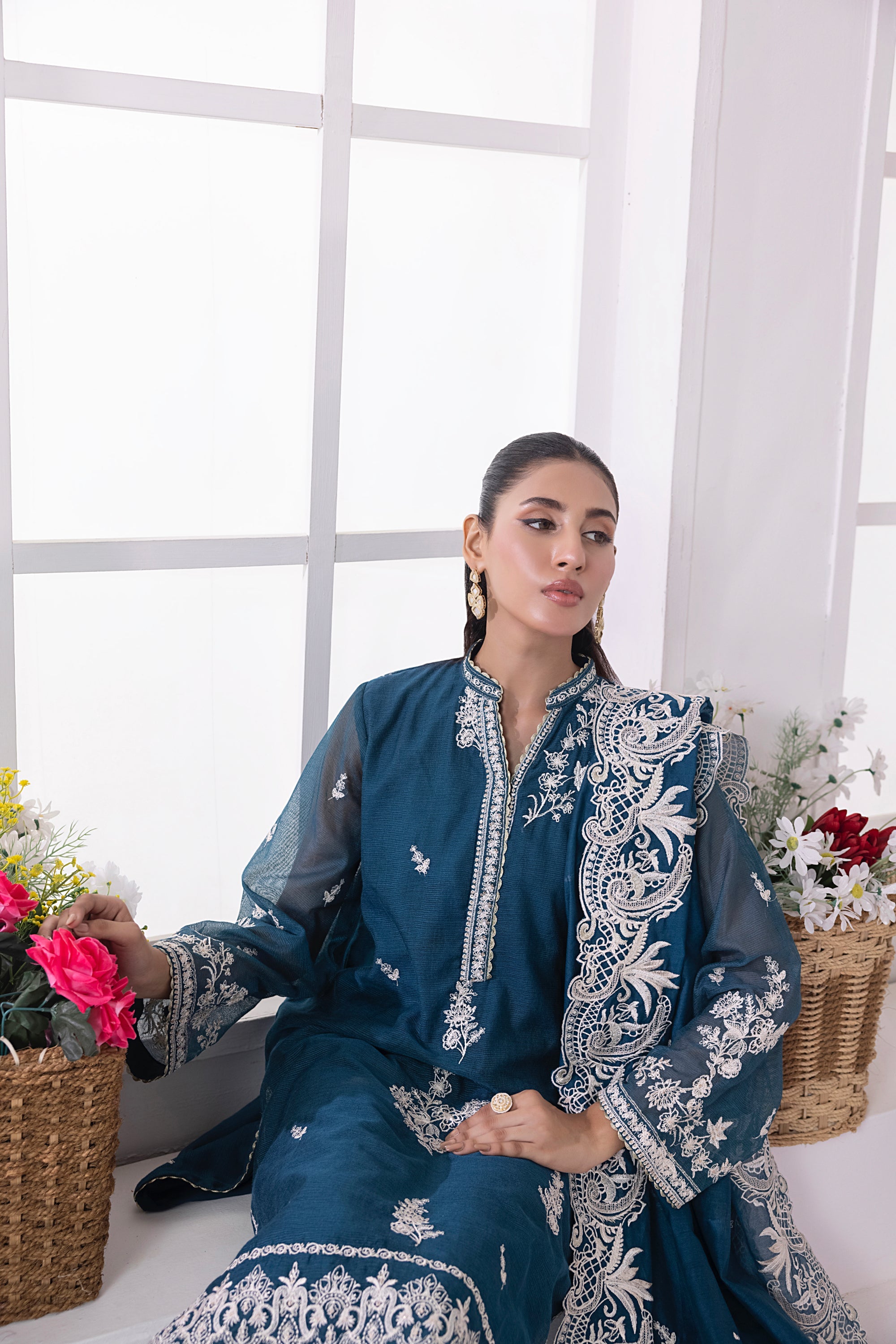 03 Piece Ready To Wear Embroidered Khaddi Net With Embroidered Fancy Net Dupatta