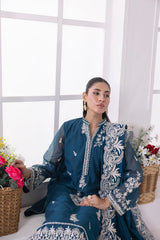 03 Piece Ready To Wear Embroidered Khaddi Net With Embroidered Fancy Net Dupatta