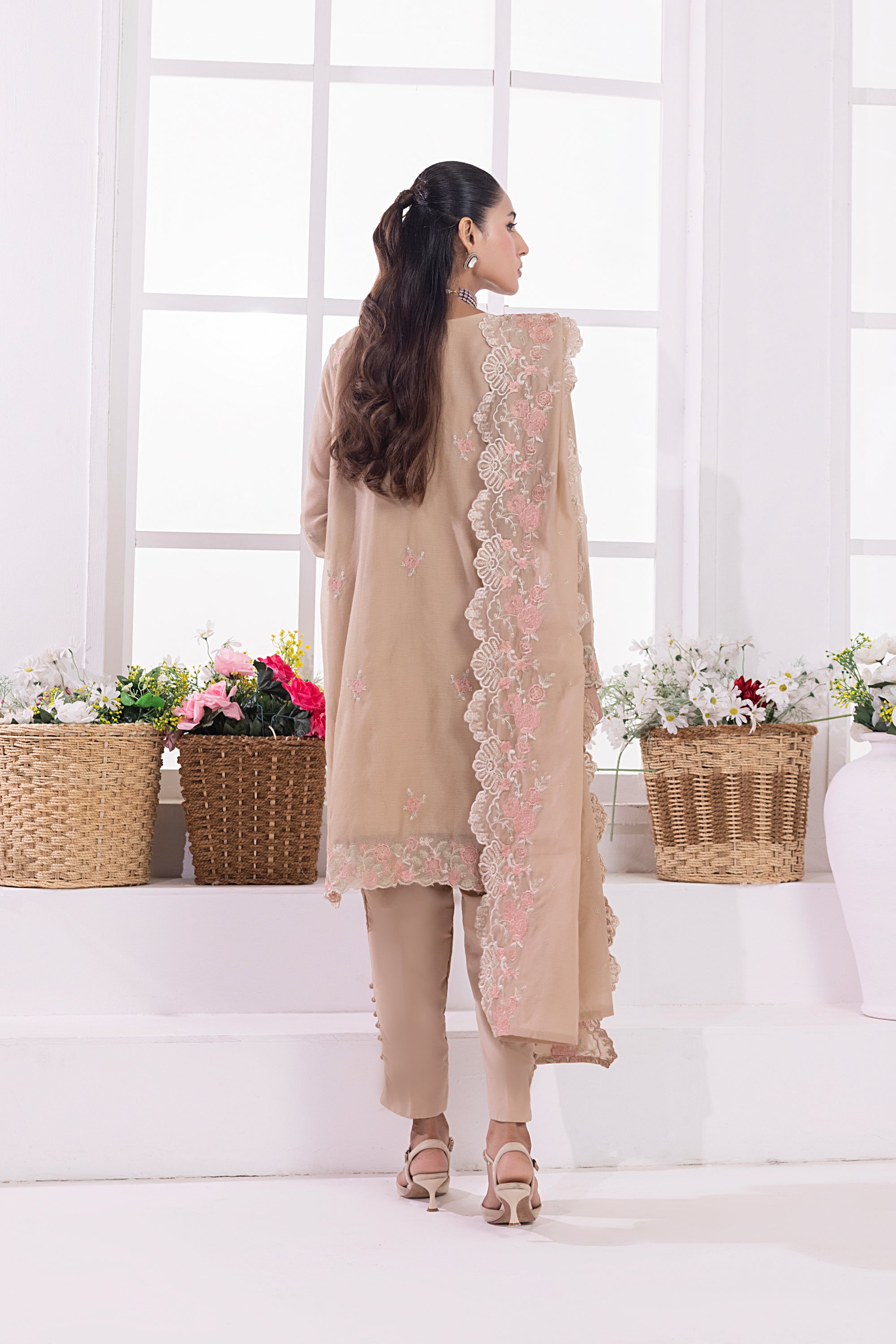 03 Piece Ready To Wear Embroidered Khaddi Net With Embroidered Fancy Net Dupatta