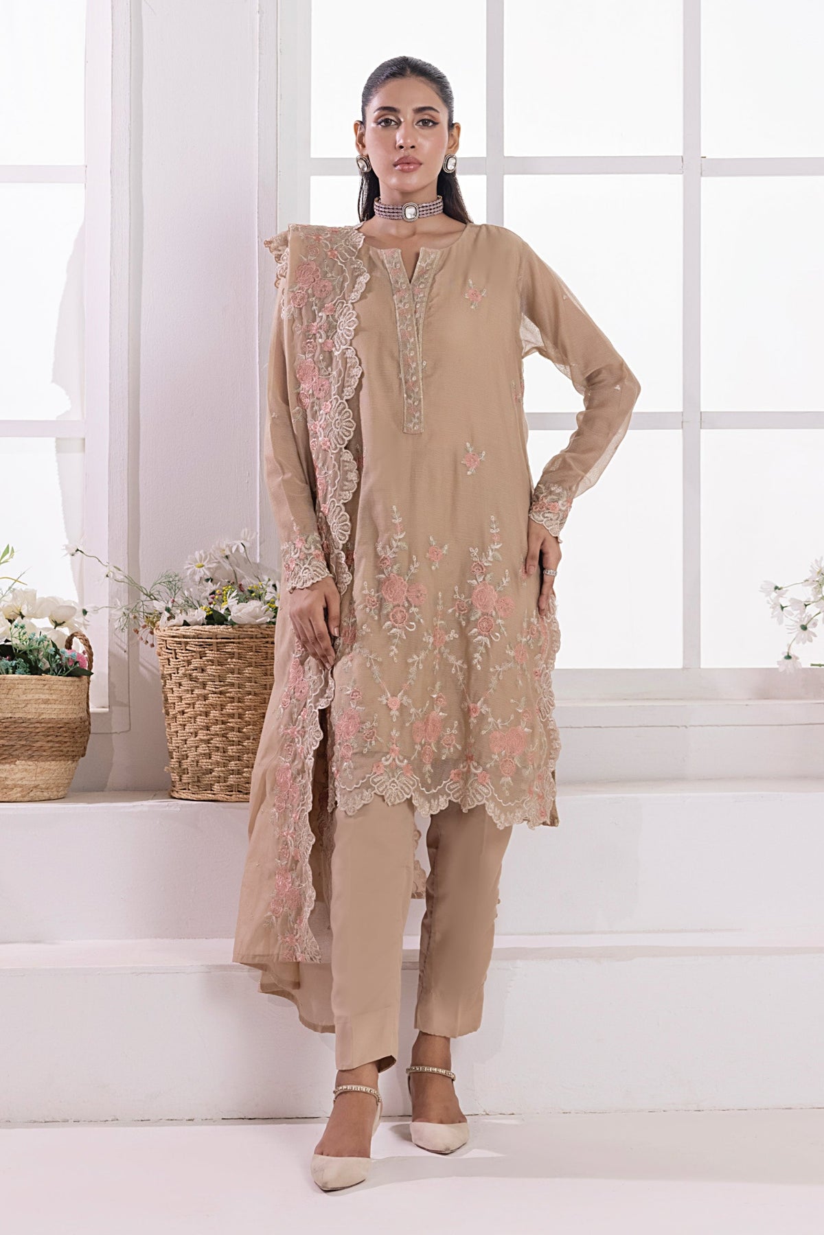 03 Piece Ready To Wear Embroidered Khaddi Net With Embroidered Fancy Net Dupatta
