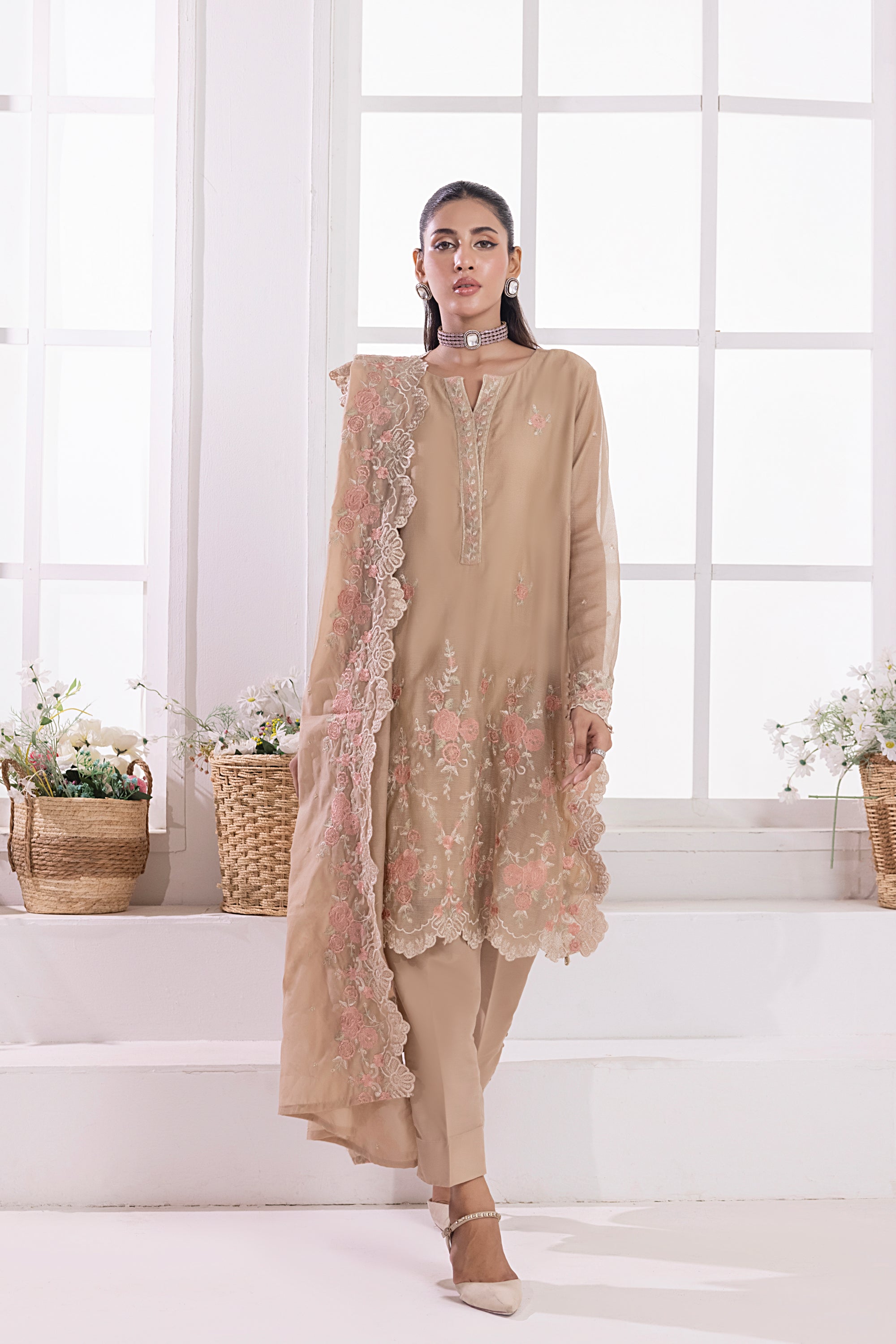 03 Piece Ready To Wear Embroidered Khaddi Net With Embroidered Fancy Net Dupatta