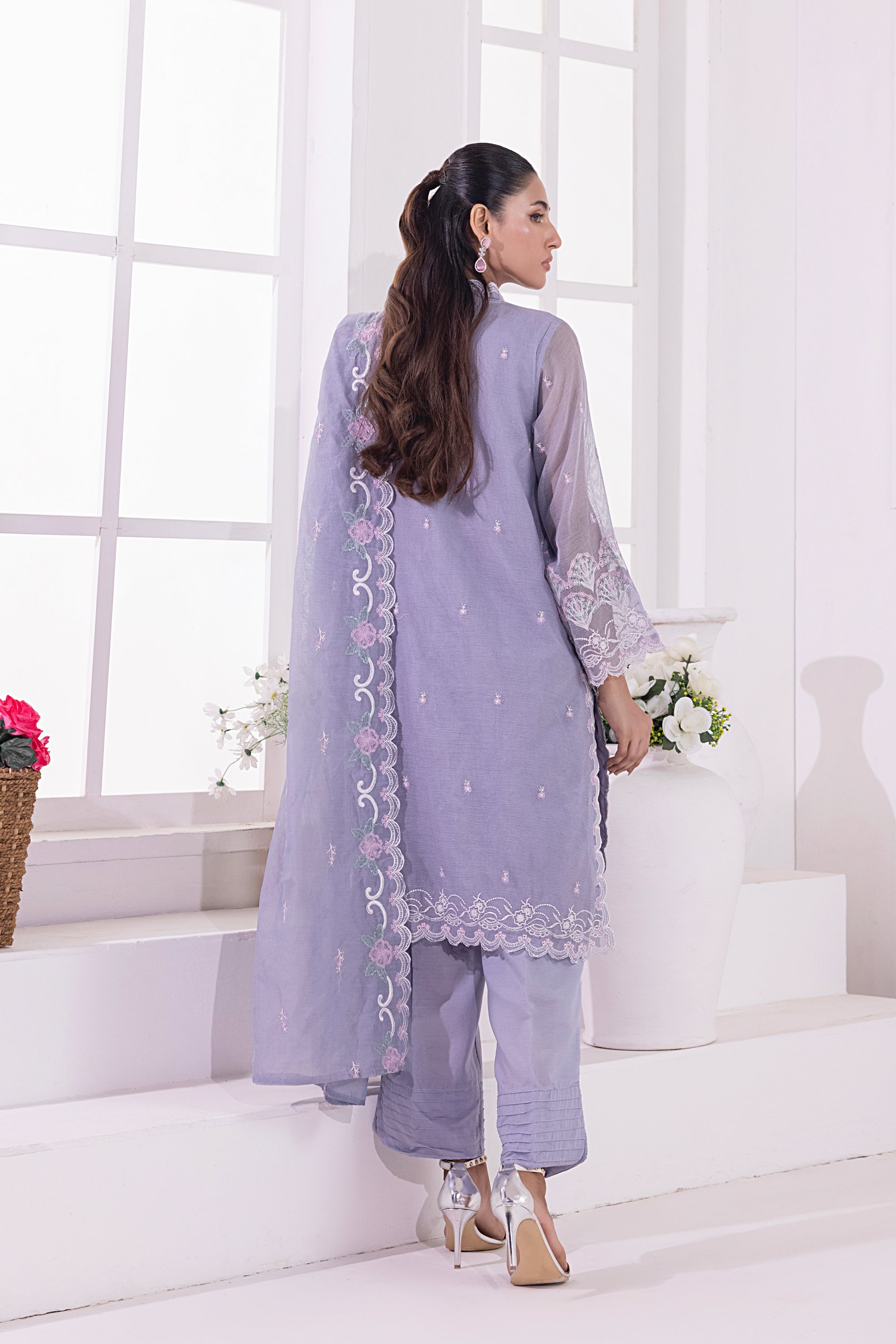 03 Piece Ready To Wear Embroidered Khaddi Net With Embroidered Fancy Net Dupatta