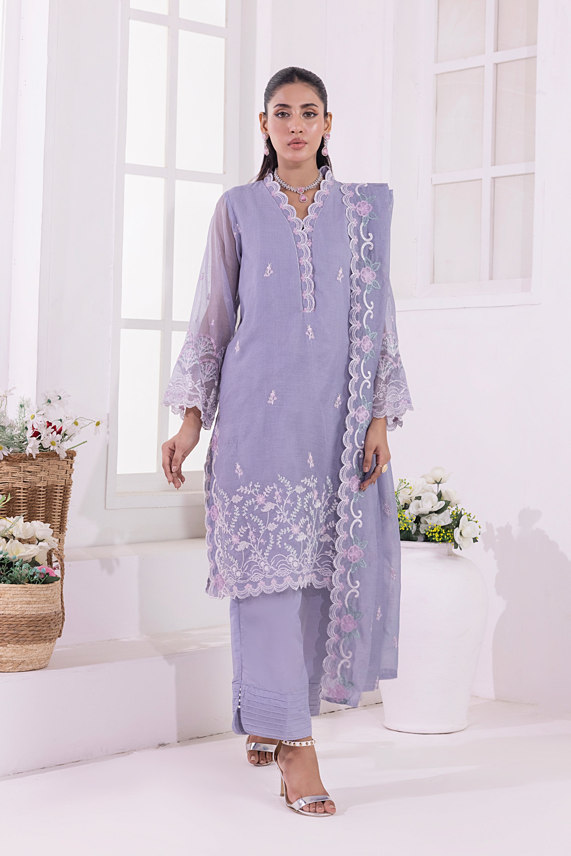 03 Piece Ready To Wear Embroidered Khaddi Net With Embroidered Fancy Net Dupatta
