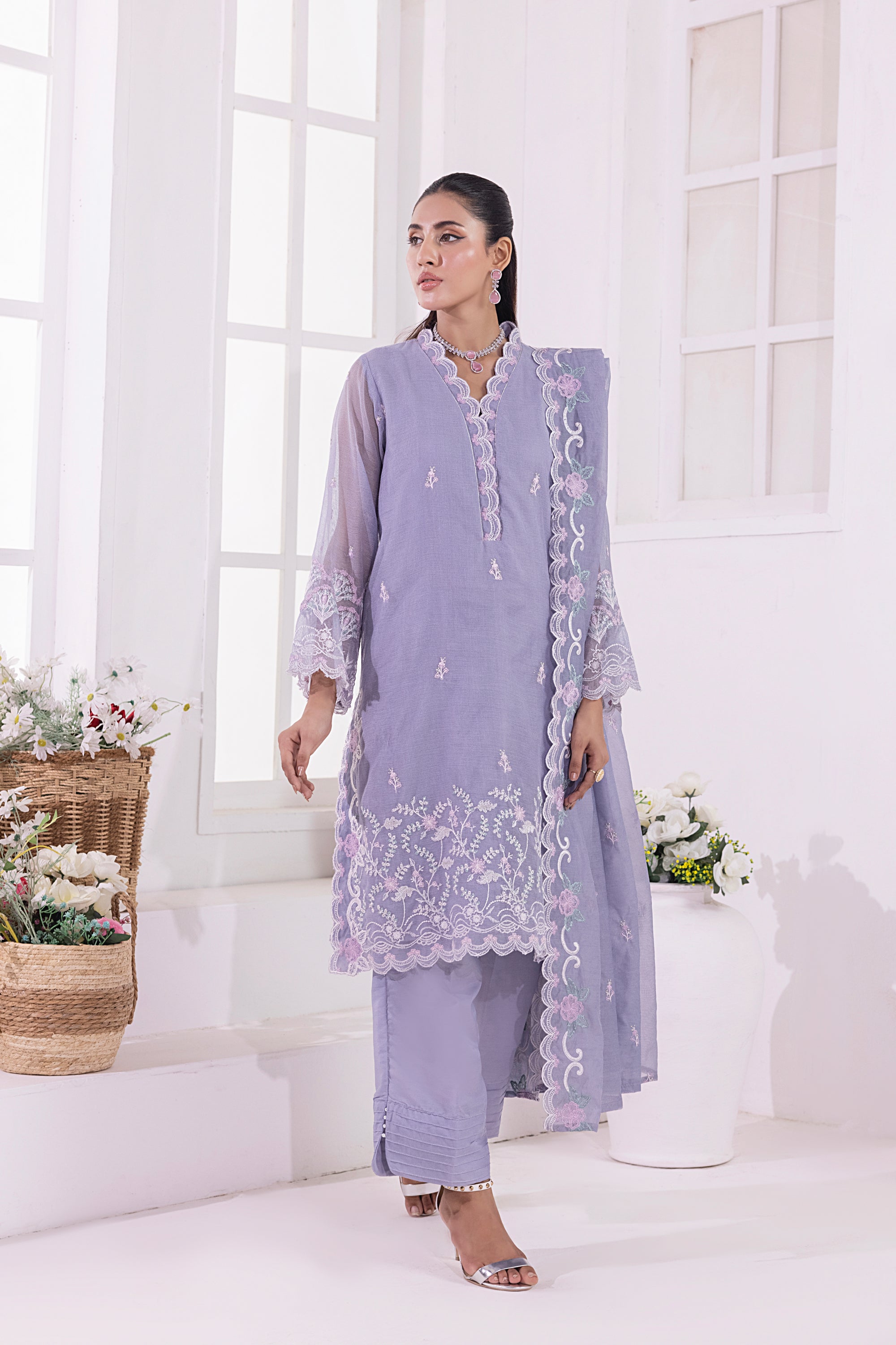 03 Piece Ready To Wear Embroidered Khaddi Net With Embroidered Fancy Net Dupatta