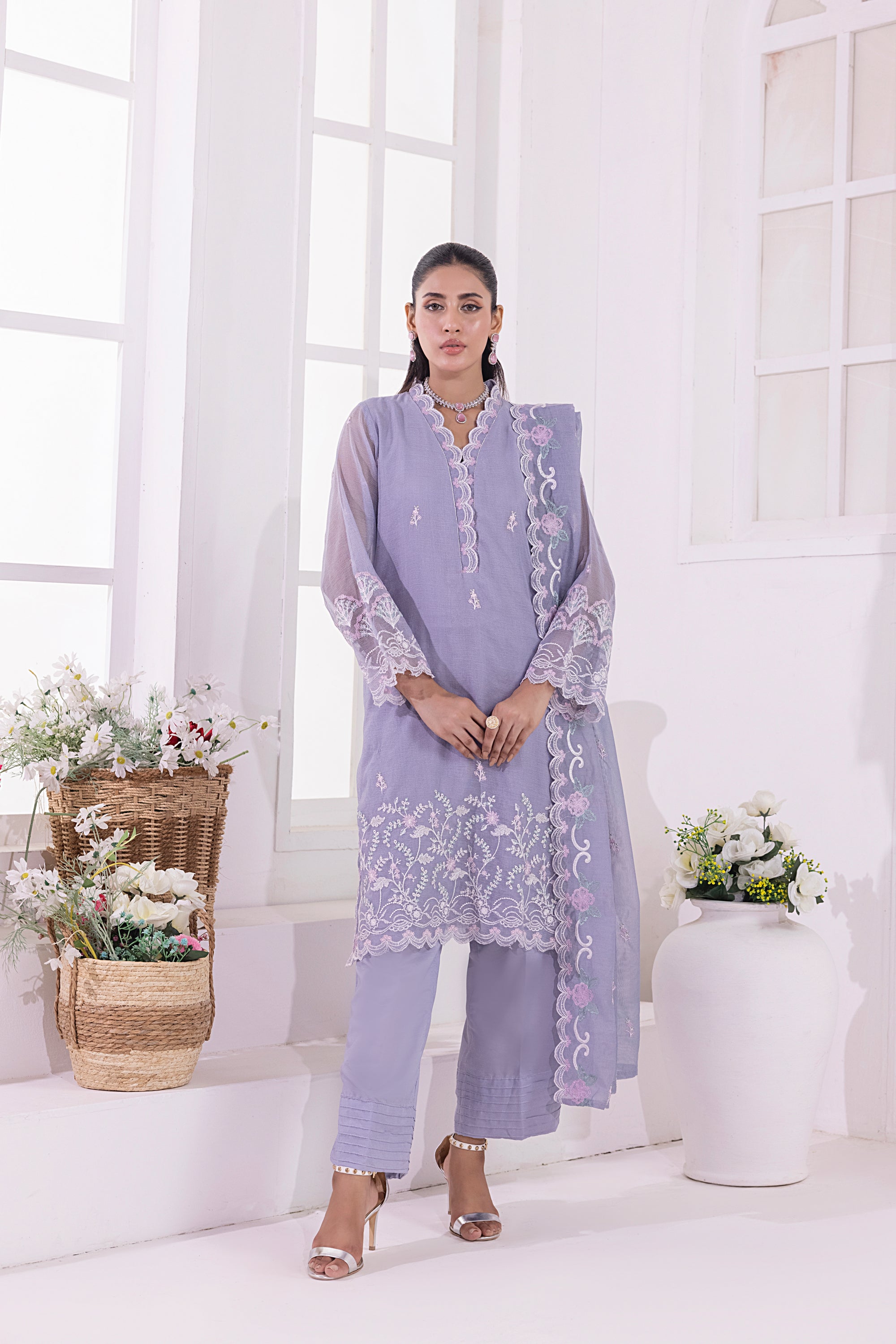 03 Piece Ready To Wear Embroidered Khaddi Net With Embroidered Fancy Net Dupatta