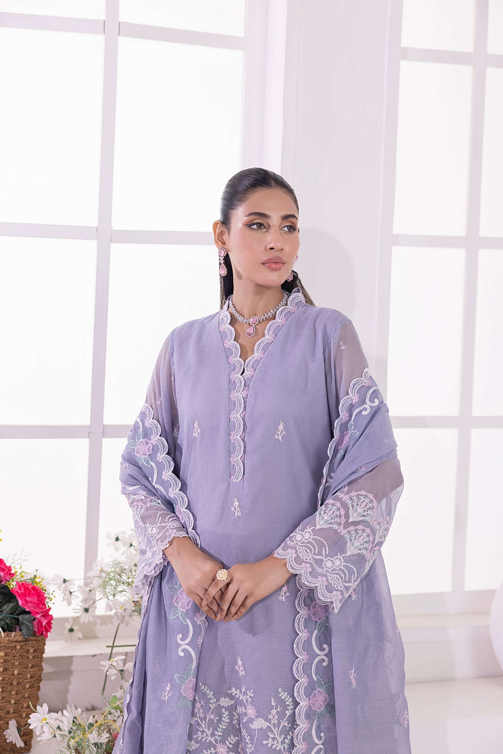 03 Piece Ready To Wear Embroidered Khaddi Net With Embroidered Fancy Net Dupatta