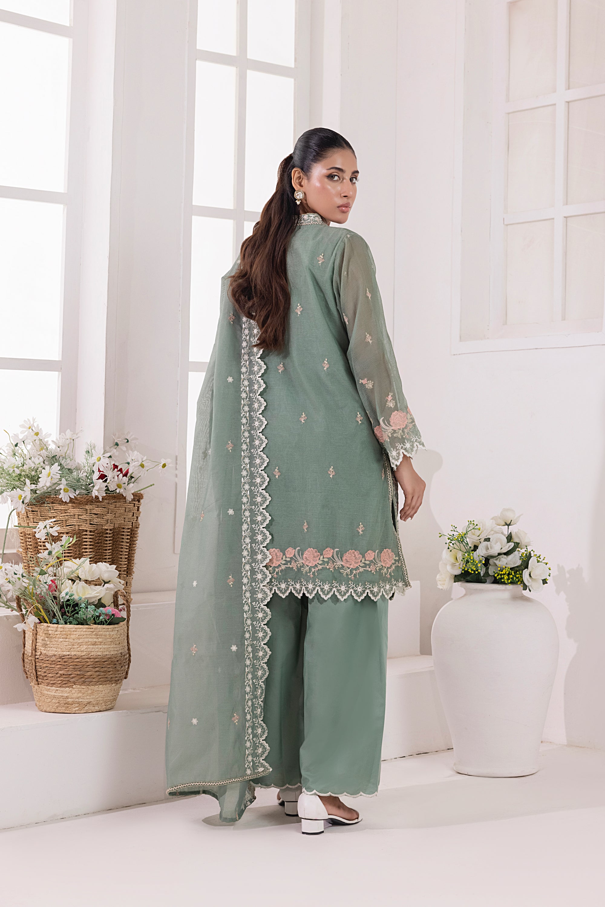 03 Piece Ready To Wear Embroidered Khaddi Net With Embroidered Fancy Net Dupatta