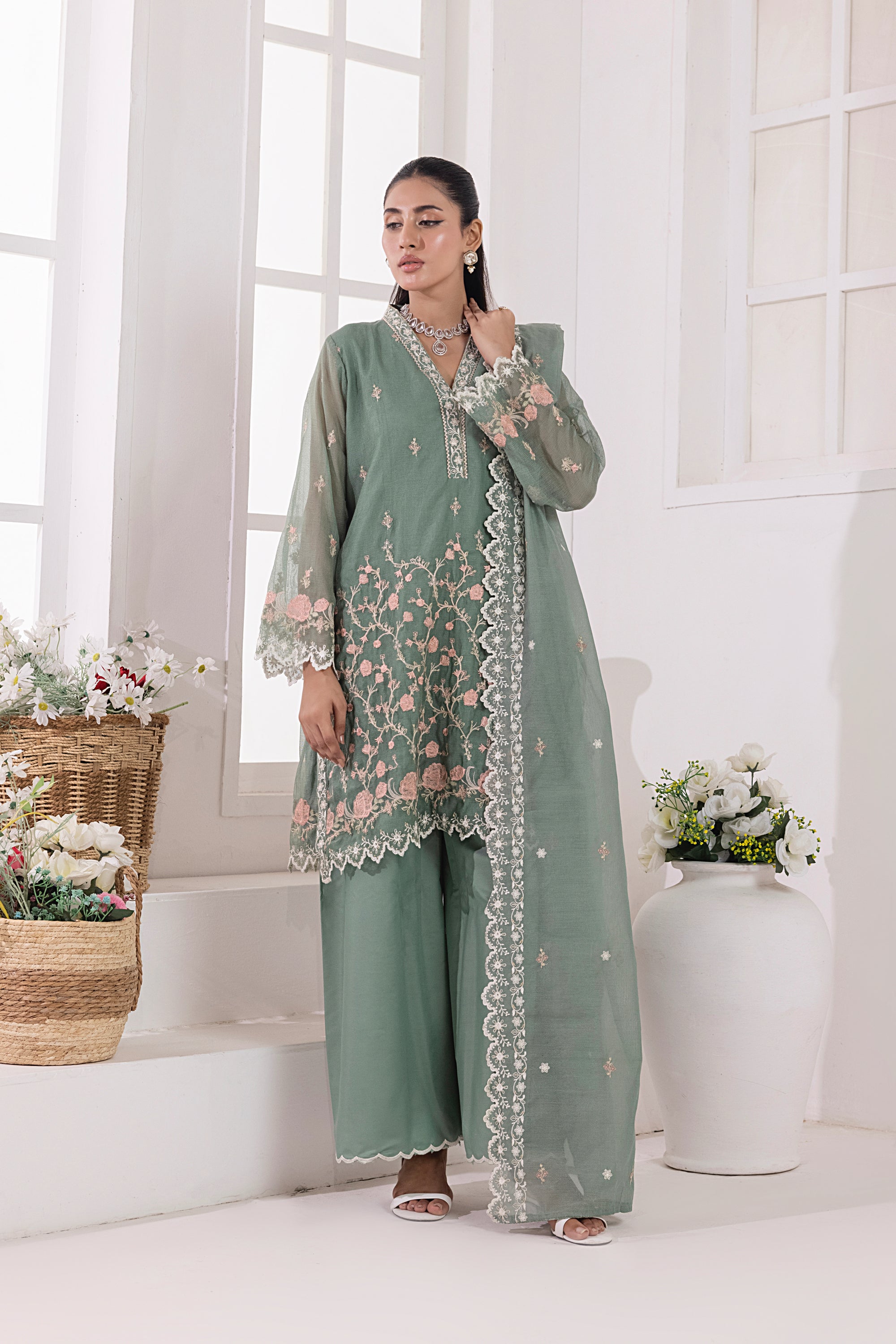 03 Piece Ready To Wear Embroidered Khaddi Net With Embroidered Fancy Net Dupatta