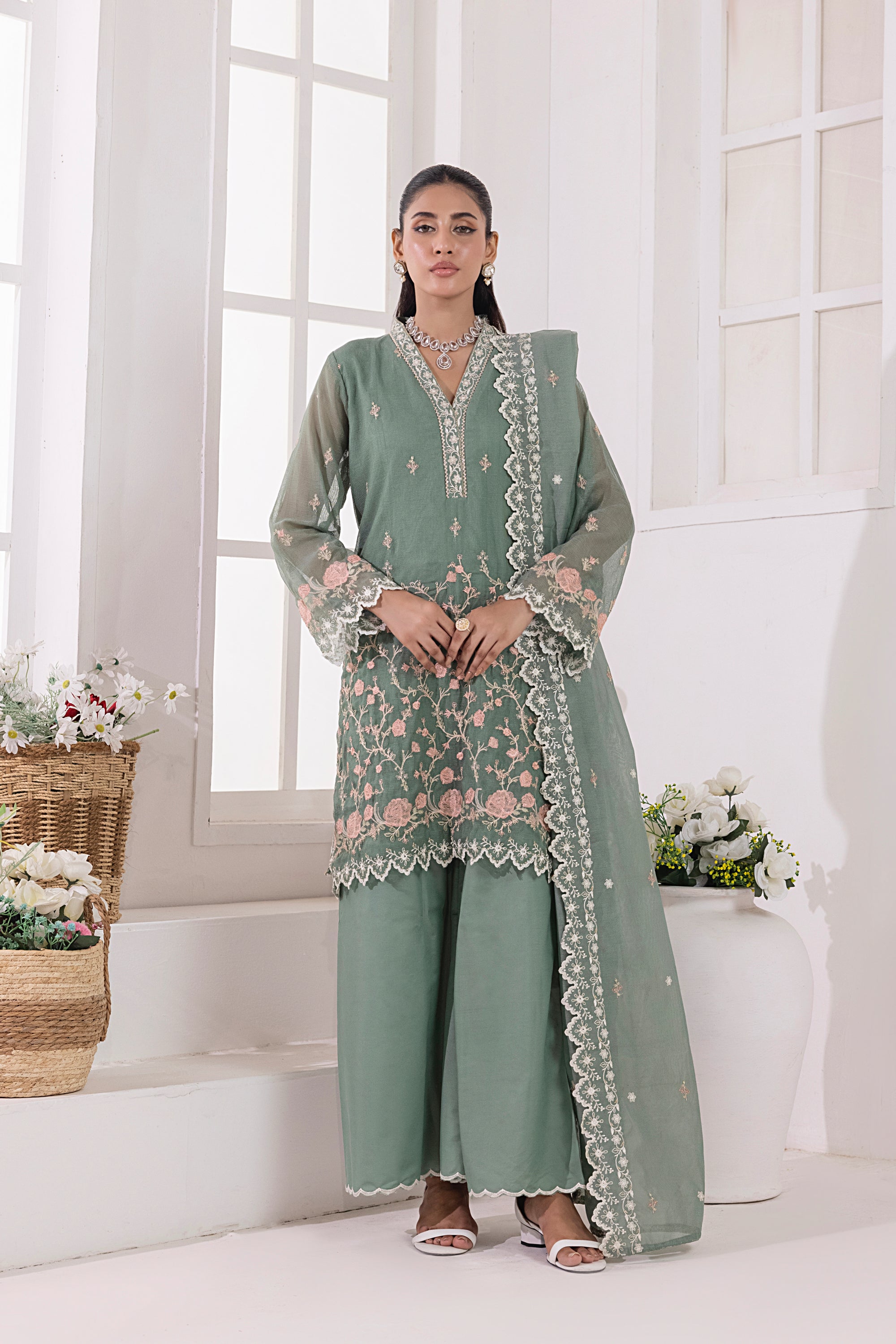 03 Piece Ready To Wear Embroidered Khaddi Net With Embroidered Fancy Net Dupatta