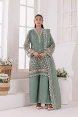 03 Piece Ready To Wear Embroidered Khaddi Net With Embroidered Fancy Net Dupatta