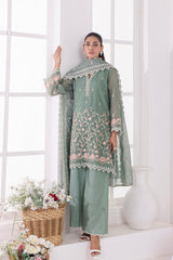 03 Piece Ready To Wear Embroidered Khaddi Net With Embroidered Fancy Net Dupatta