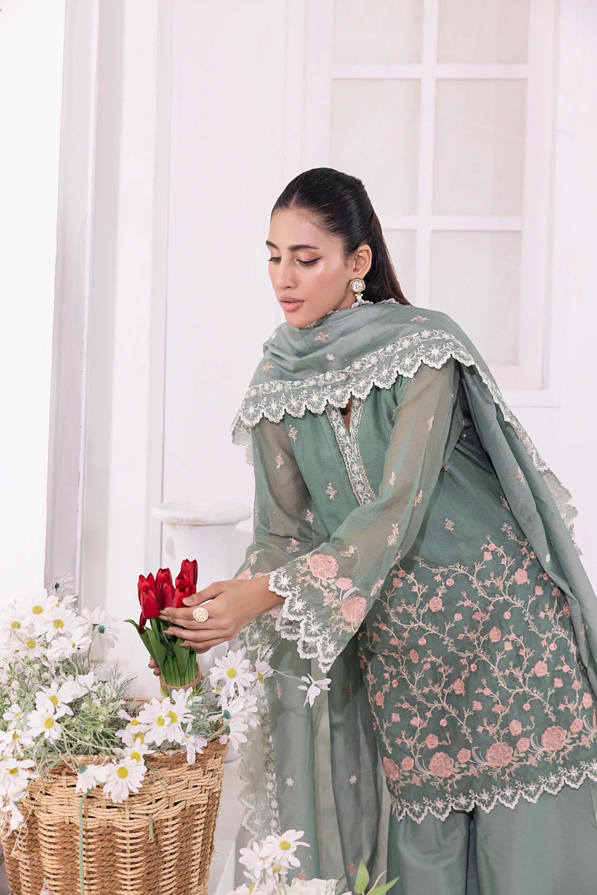 03 Piece Ready To Wear Embroidered Khaddi Net With Embroidered Fancy Net Dupatta