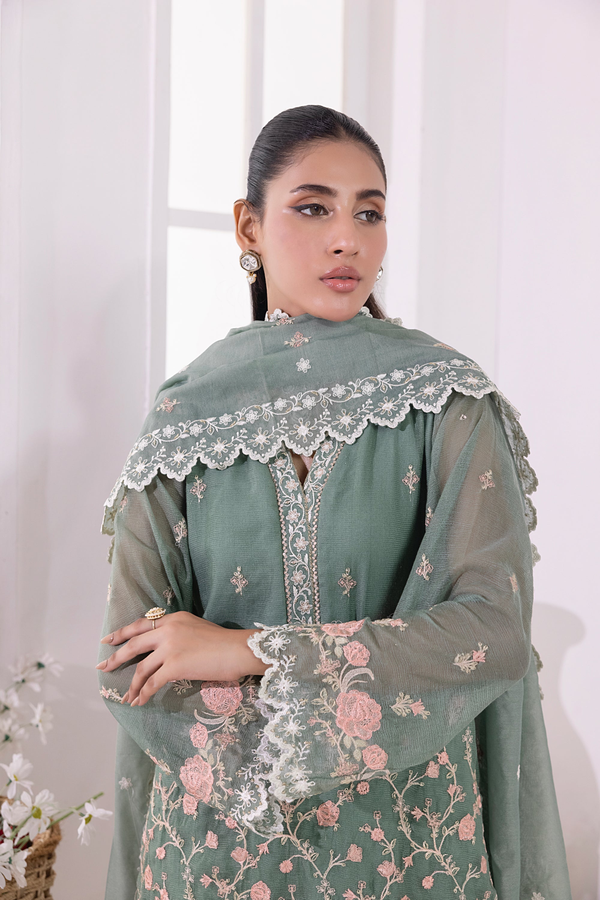 03 Piece Ready To Wear Embroidered Khaddi Net With Embroidered Fancy Net Dupatta