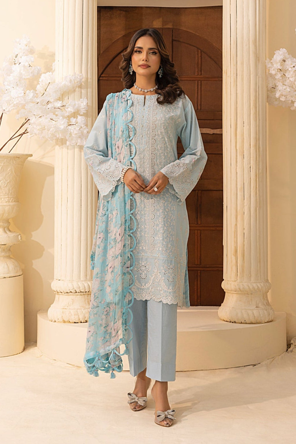 03 Piece Stitched Embroidered with Printed Chiffon Dupatta