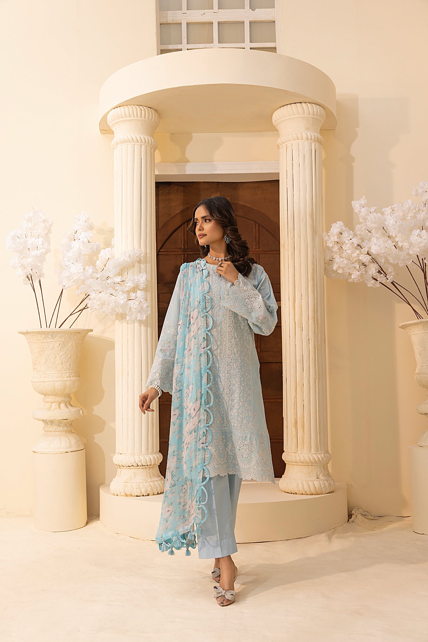 03 Piece Stitched Embroidered with Printed Chiffon Dupatta