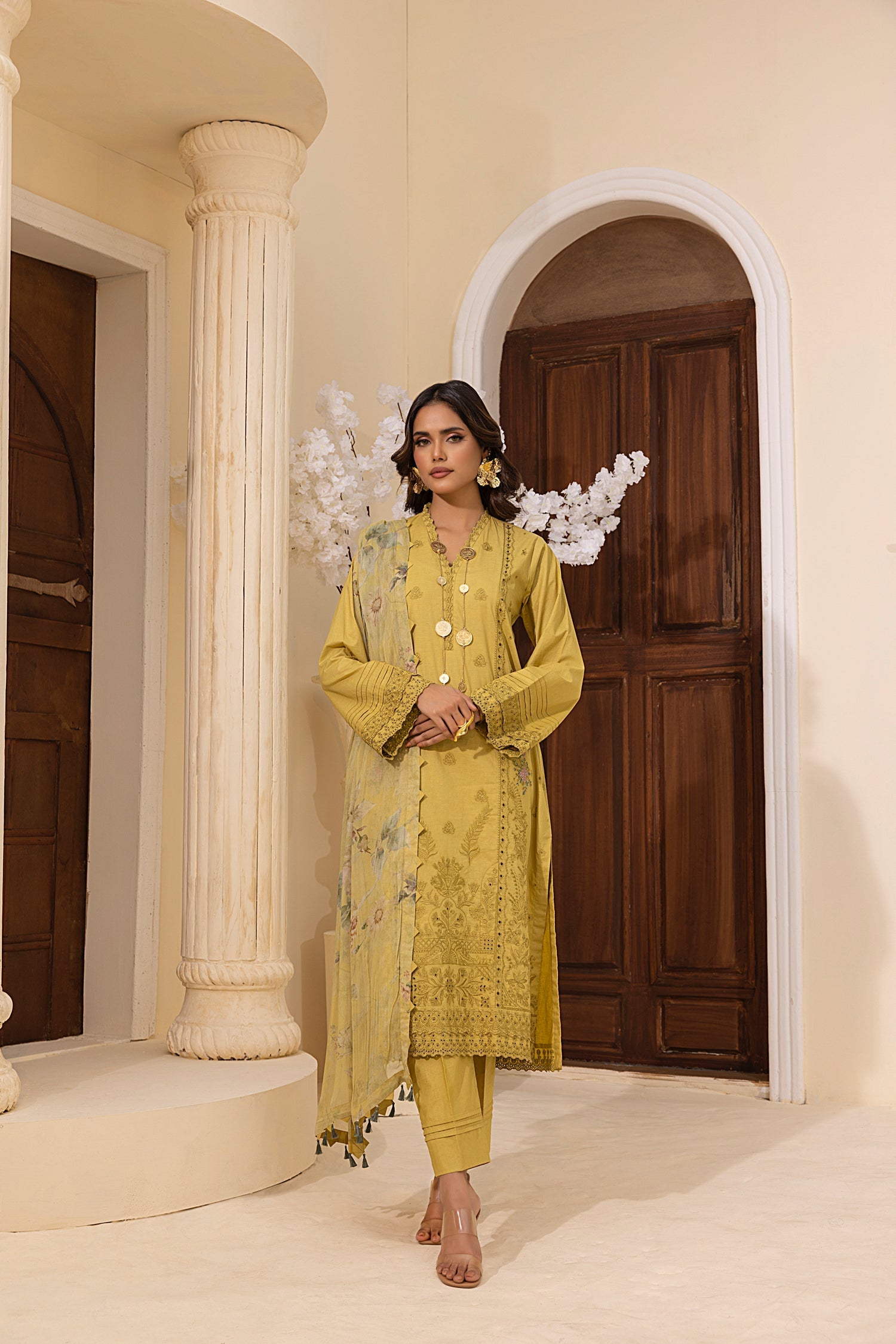 03 Piece Stitched Embroidered with Printed Chiffon Dupatta
