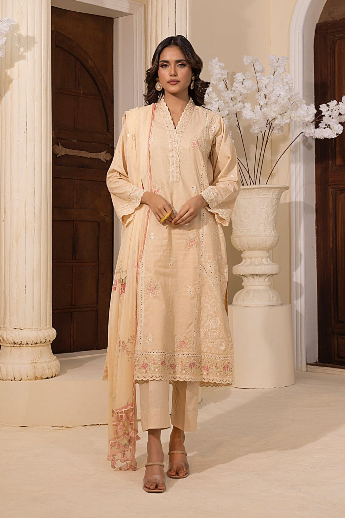 03 Piece Stitched Embroidered with Printed Chiffon Dupatta