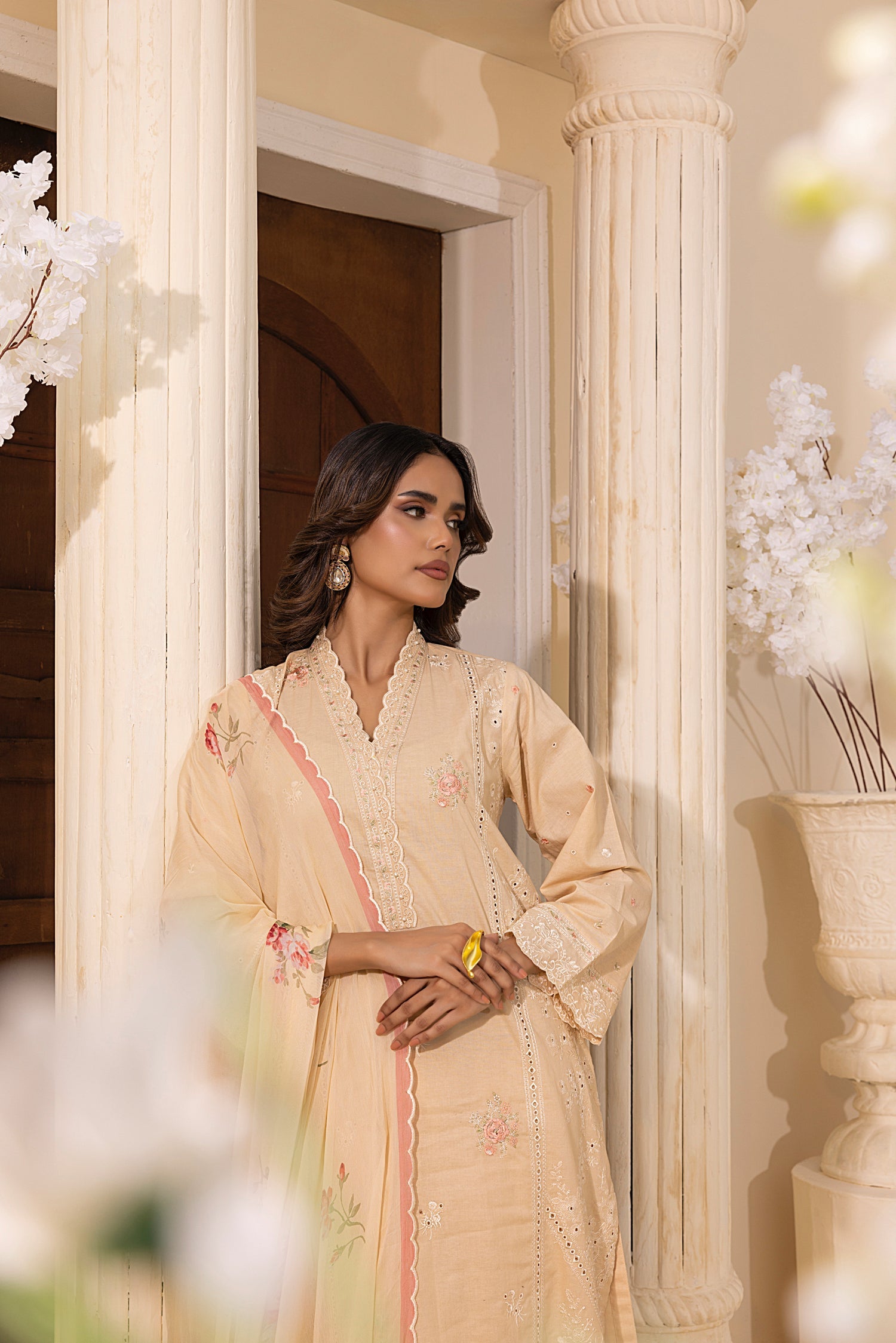 03 Piece Stitched Embroidered with Printed Chiffon Dupatta