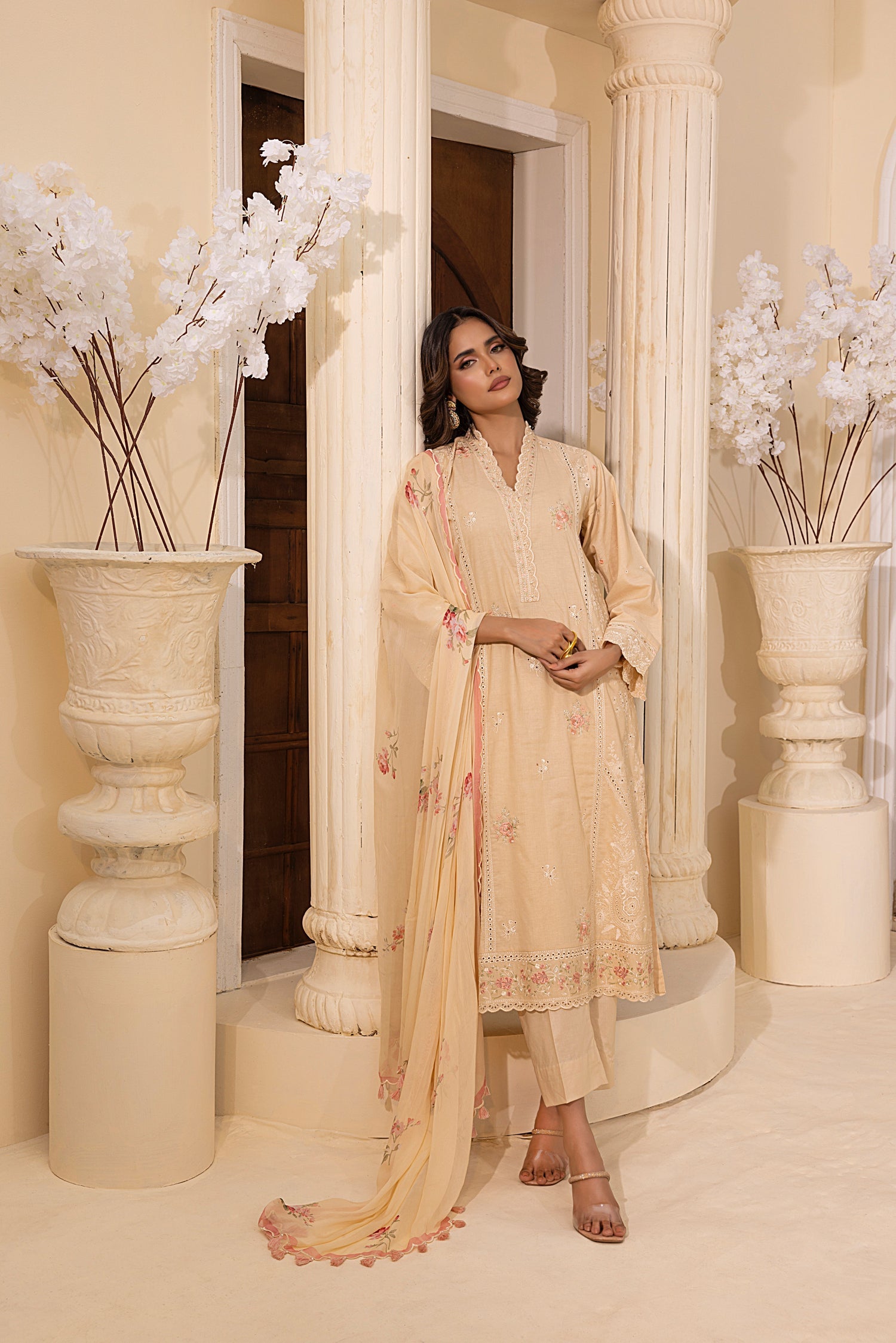 03 Piece Stitched Embroidered with Printed Chiffon Dupatta