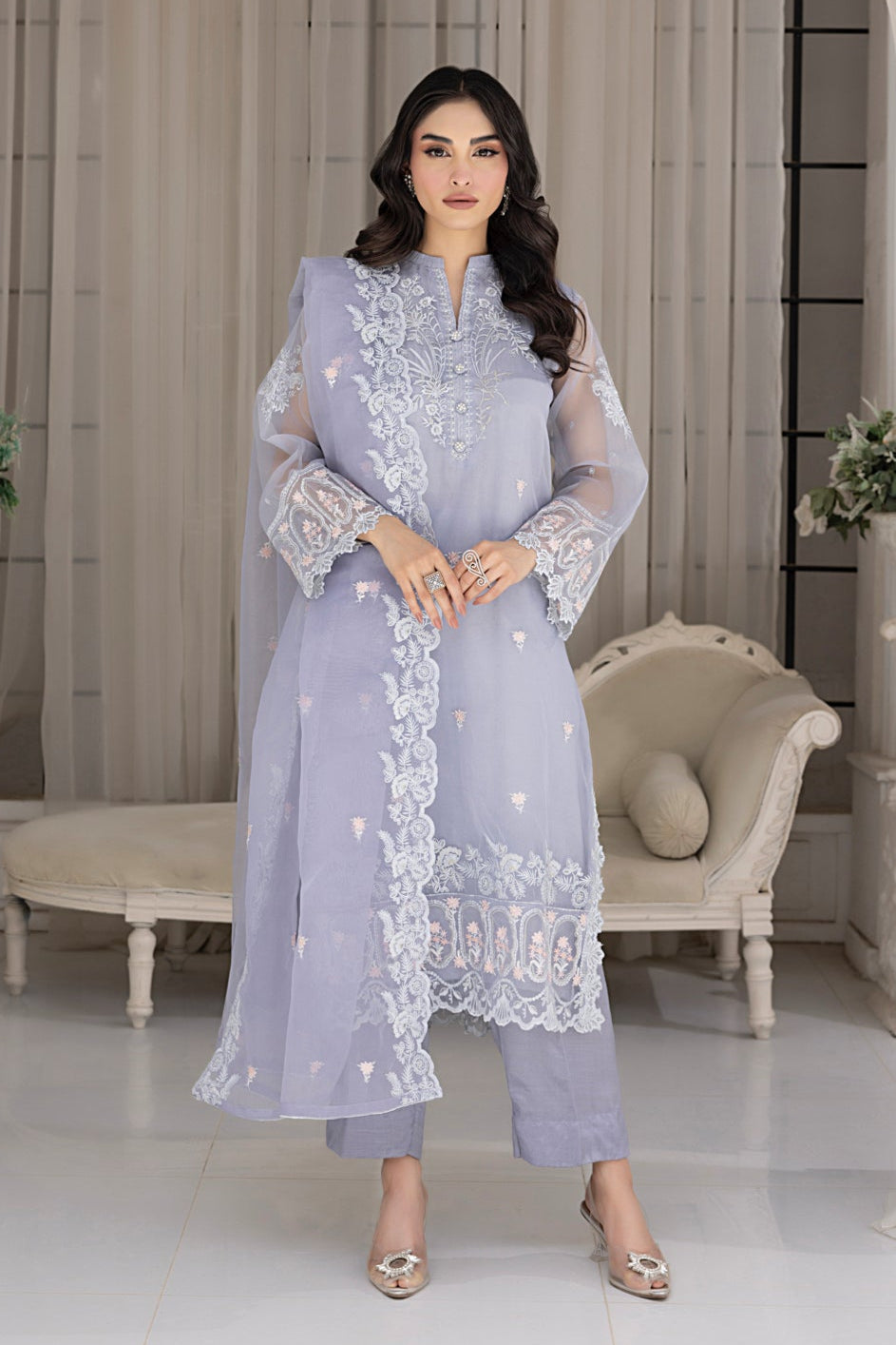 03 Piece Ready to wear Embroidered Organza