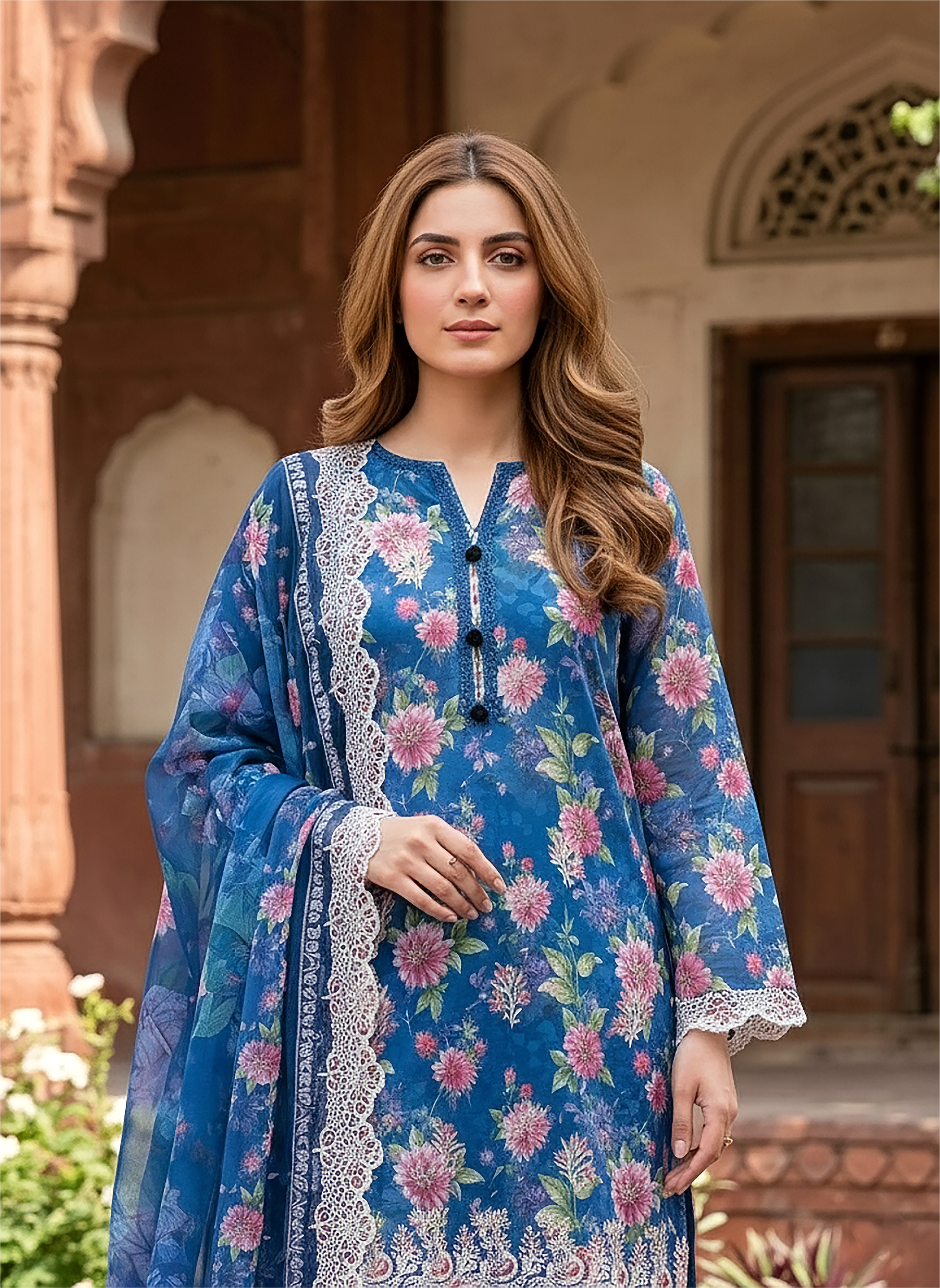 03 Piece Stitched Embroidered with cutwork embroidered chiffon dupatta
