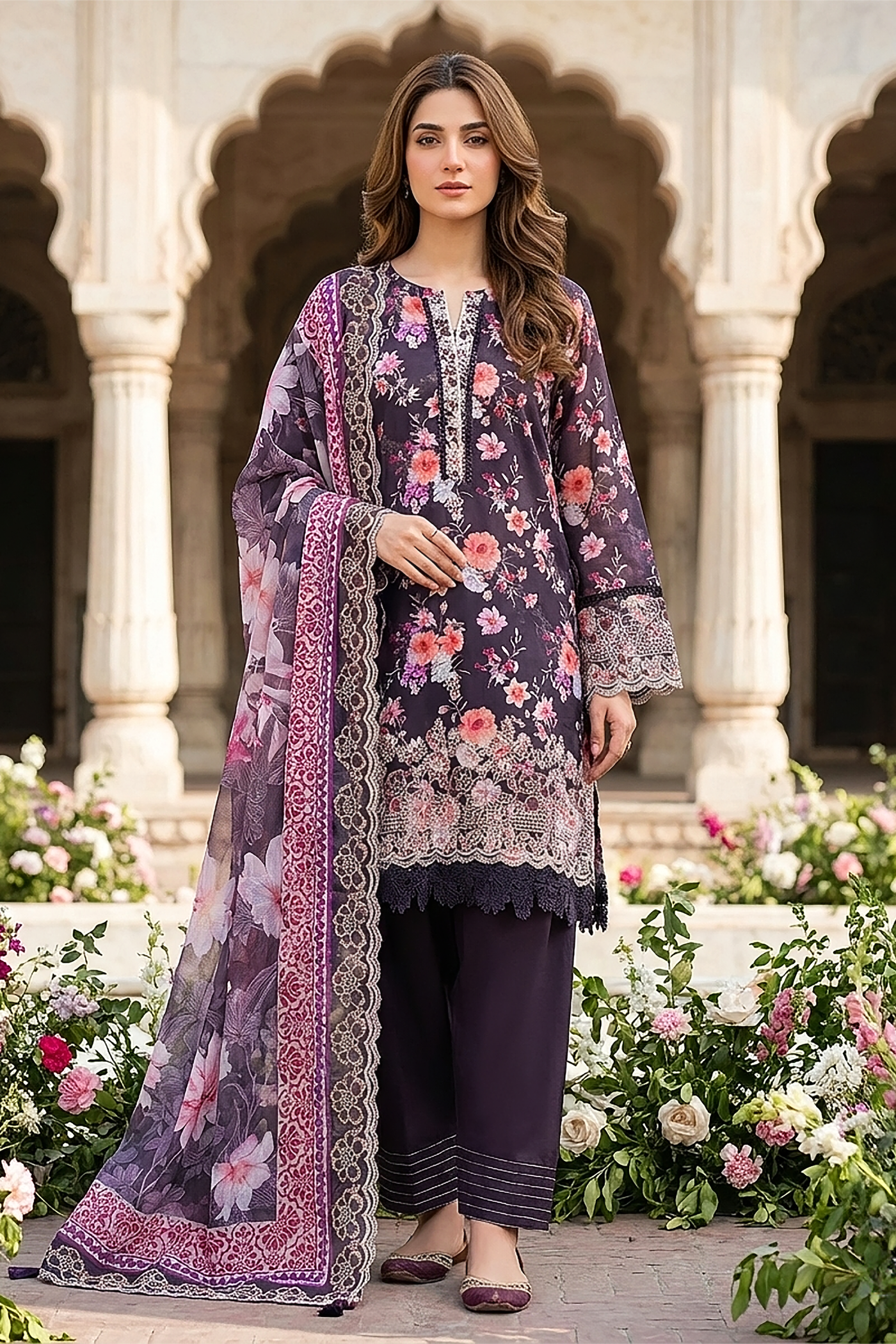 03 Piece Unstitched Embroidered with cutwork embroidered chiffon dupatta - Design 22