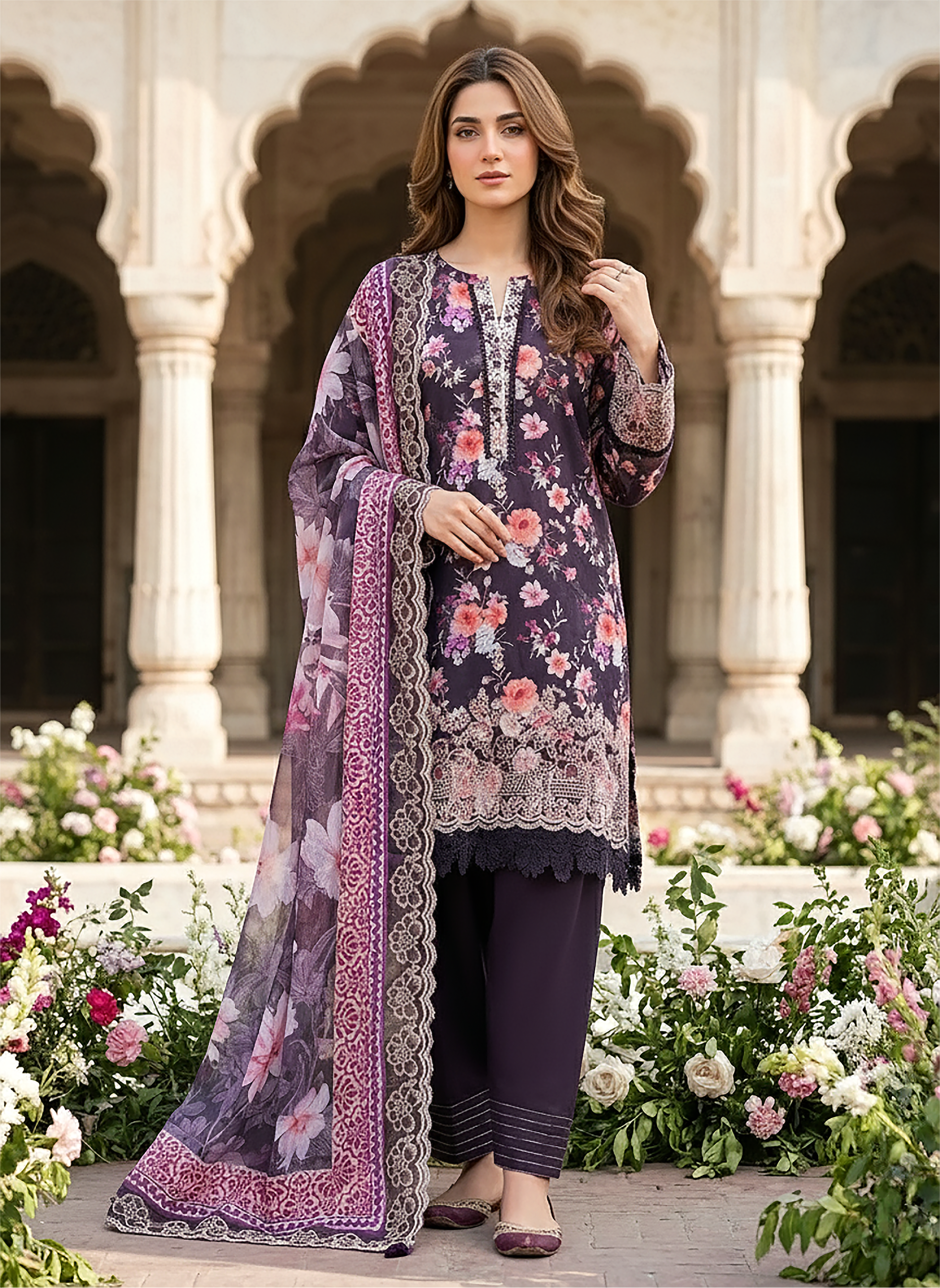 03 Piece Stitched Embroidered with cutwork embroidered chiffon dupatta