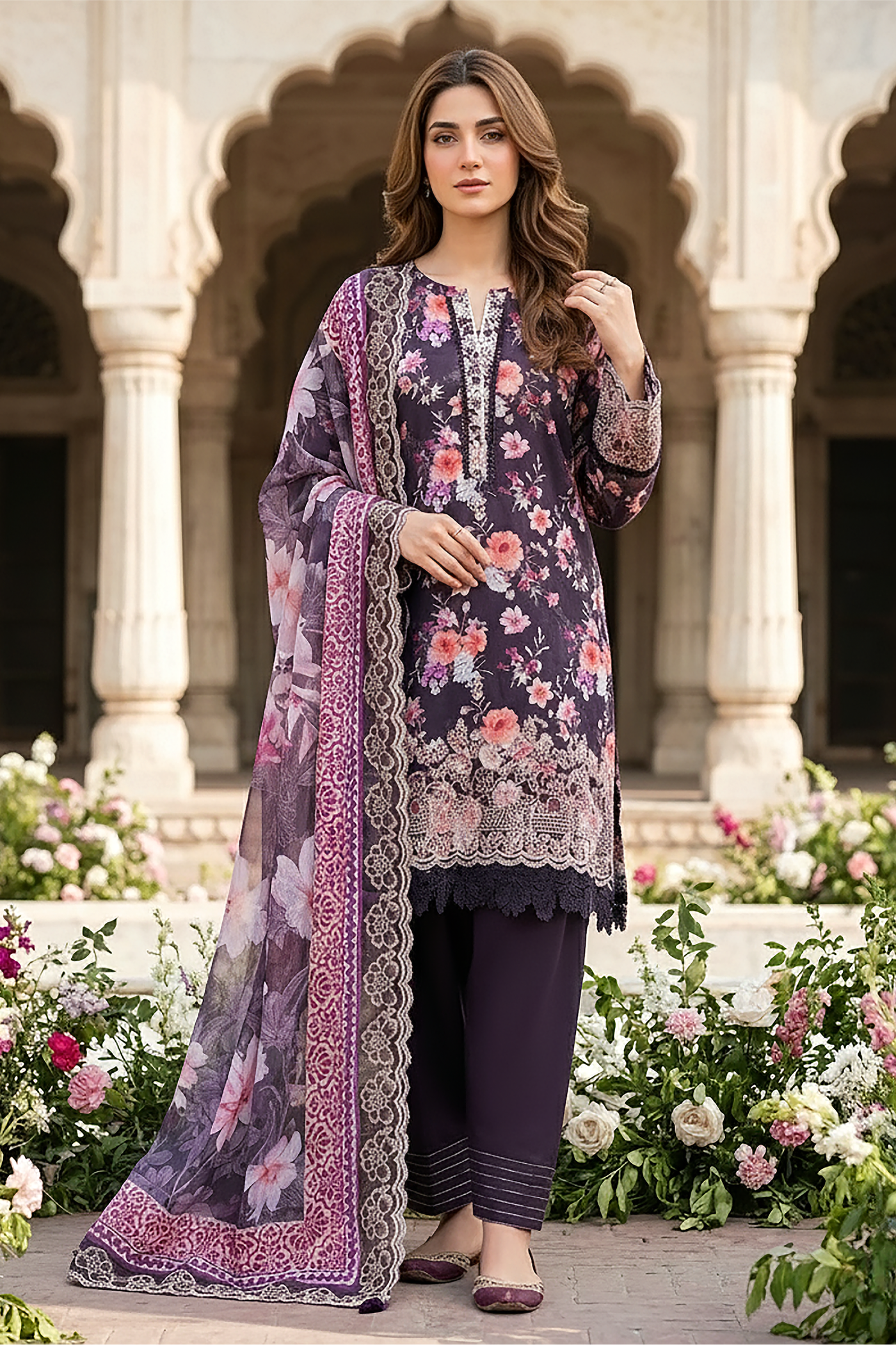 03 Piece Unstitched Embroidered with cutwork embroidered chiffon dupatta - Design 22