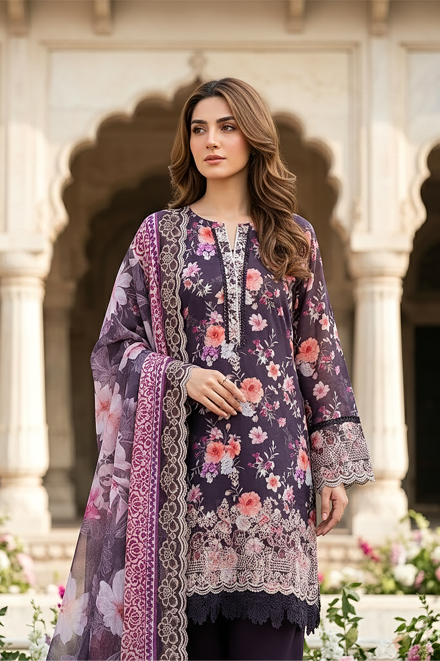03 Piece Unstitched Embroidered with cutwork embroidered chiffon dupatta - Design 22