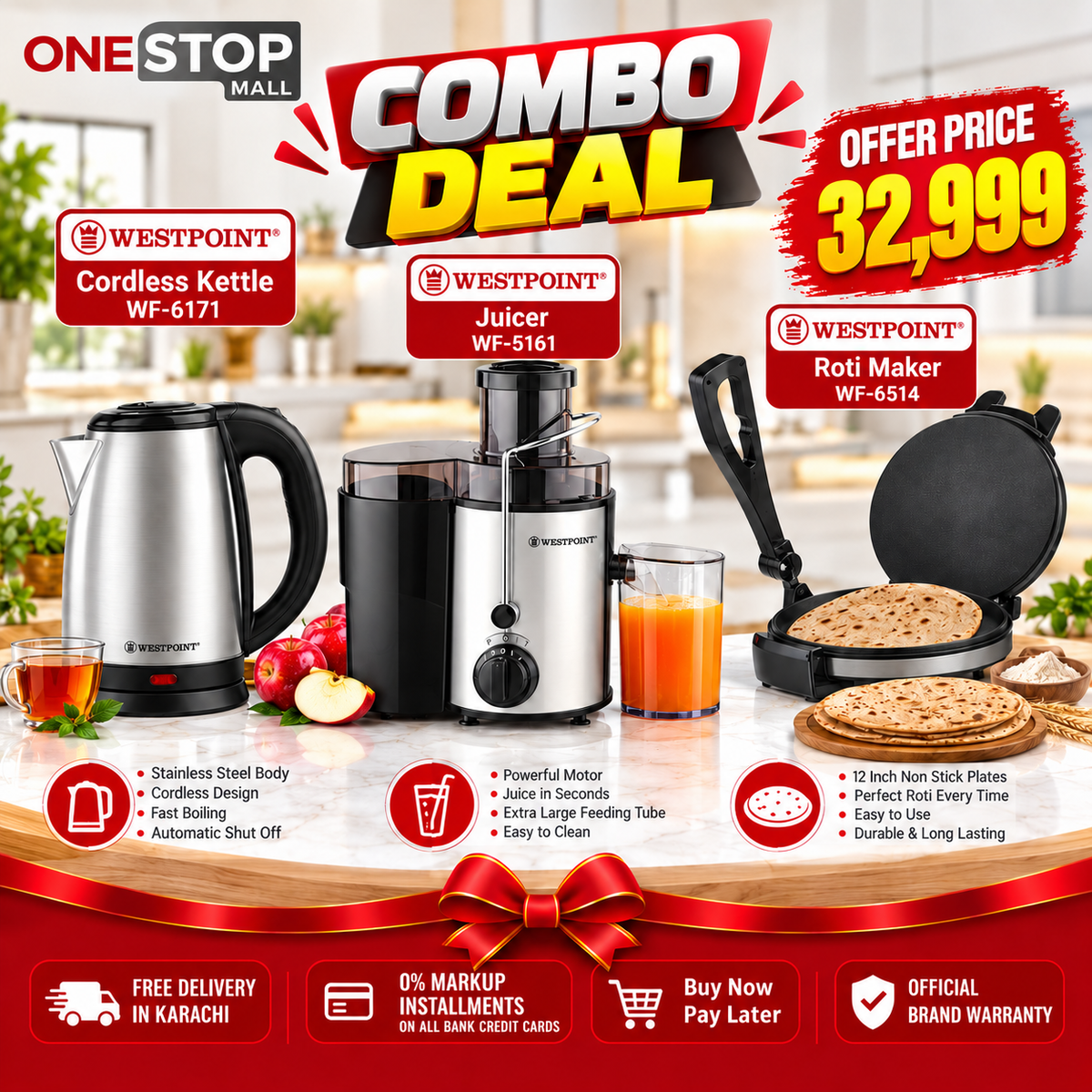 Westpoint 3-Piece Kitchen Combo Deal – Cordless Kettle WF-6171, Juicer WF-5161 & Roti Maker WF-6514