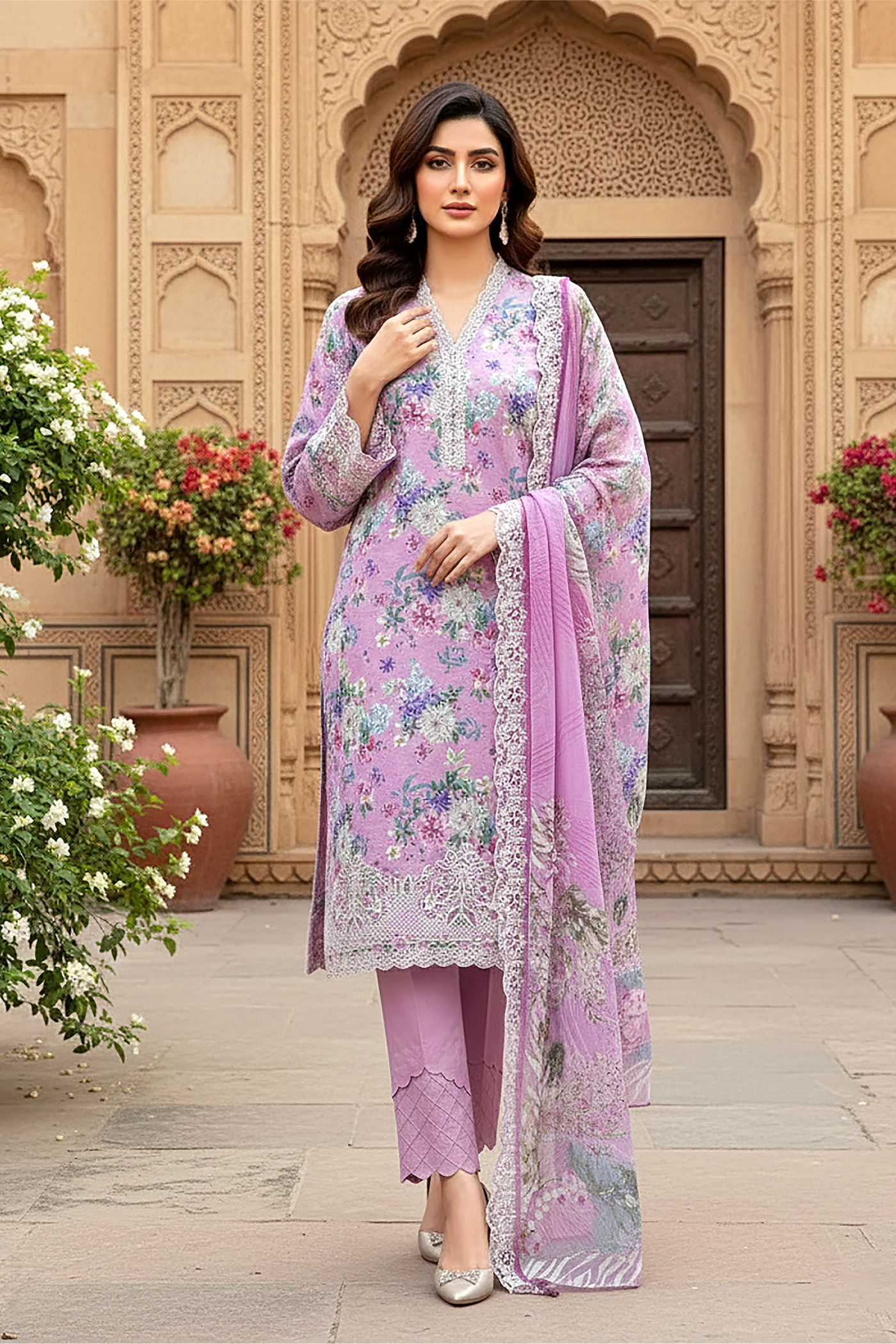 03 Piece Unstitched Embroidered with cutwork embroidered chiffon dupatta - Design 23