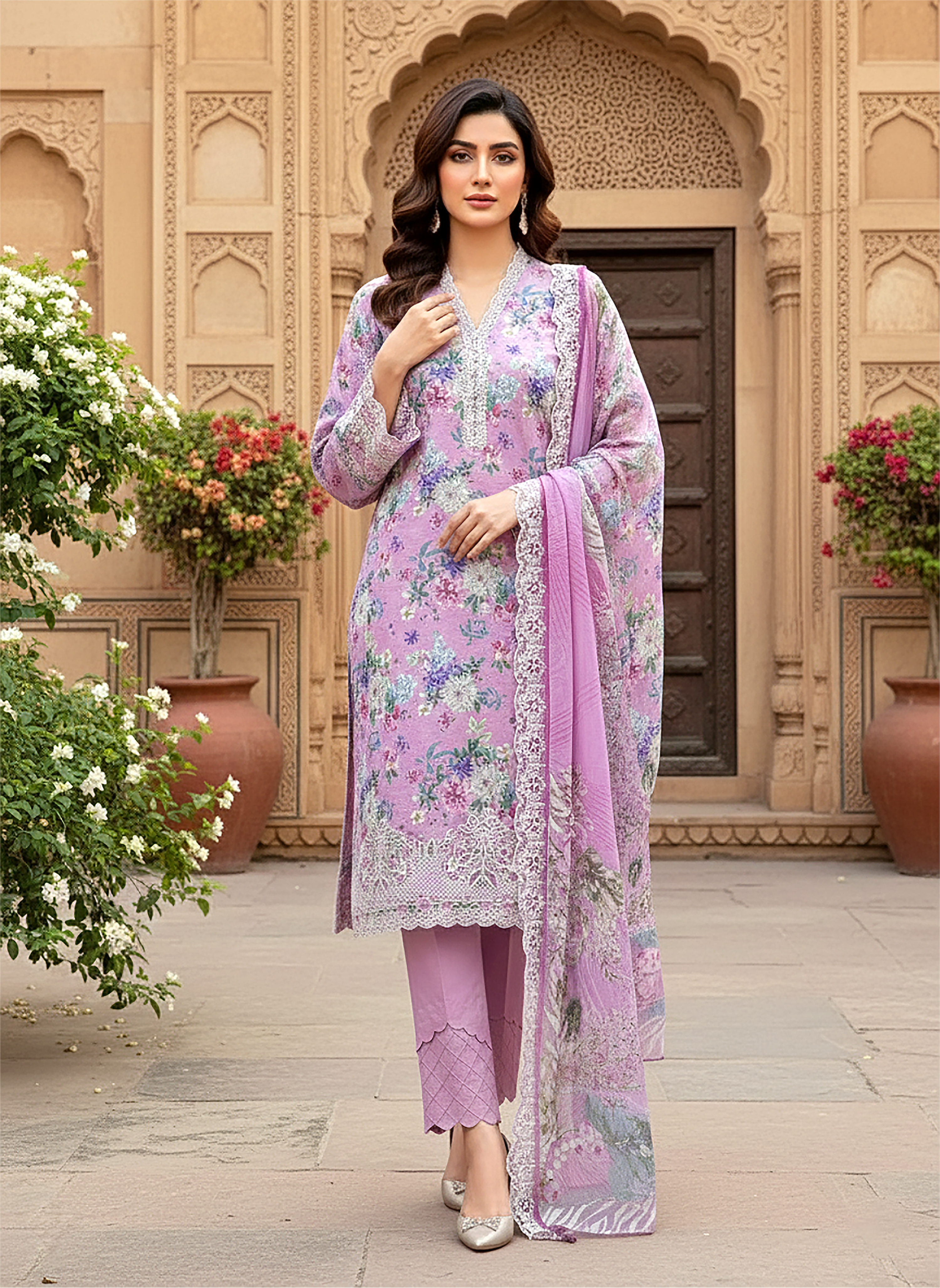03 Piece Stitched Embroidered with cutwork embroidered chiffon dupatta