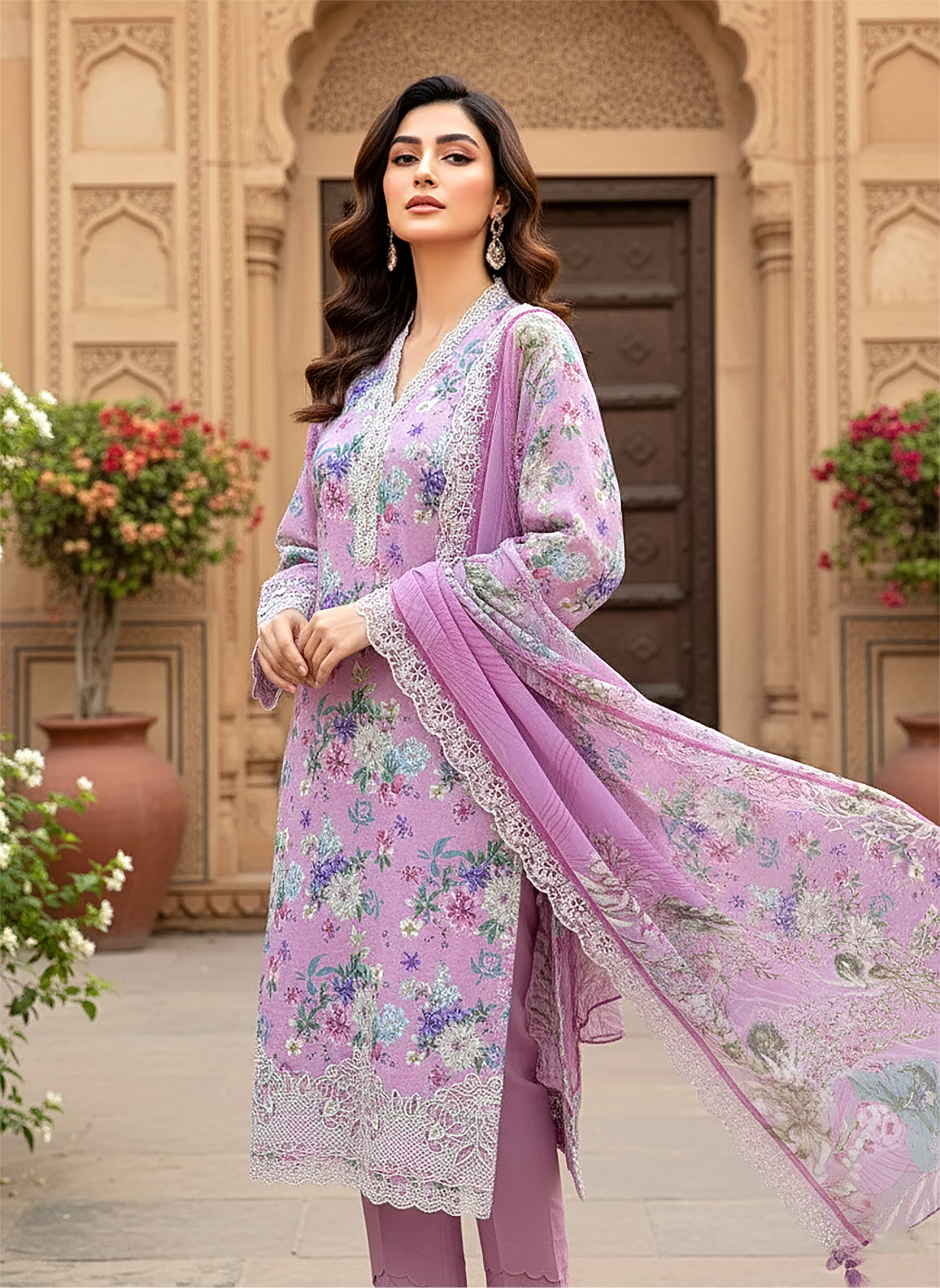 03 Piece Stitched Embroidered with cutwork embroidered chiffon dupatta