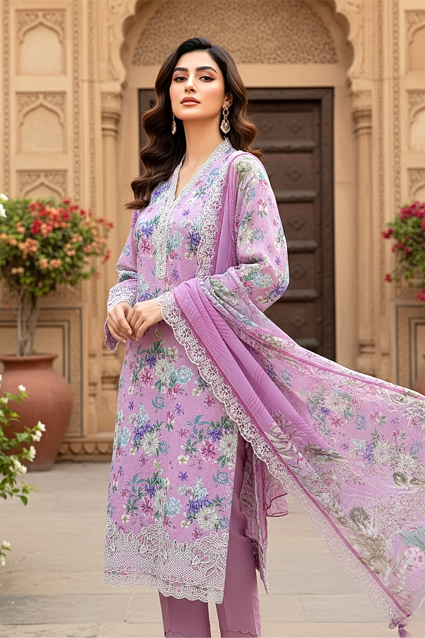 03 Piece Unstitched Embroidered with cutwork embroidered chiffon dupatta - Design 23