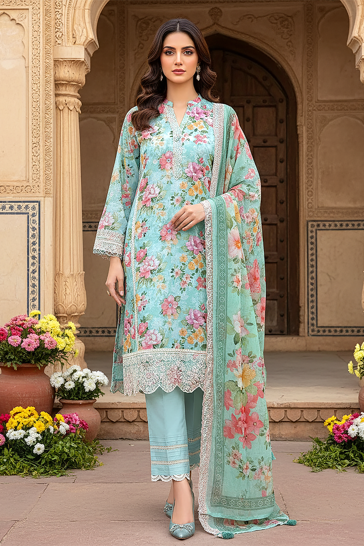 03 Piece Unstitched Embroidered with cutwork embroidered chiffon dupatta - Design 24