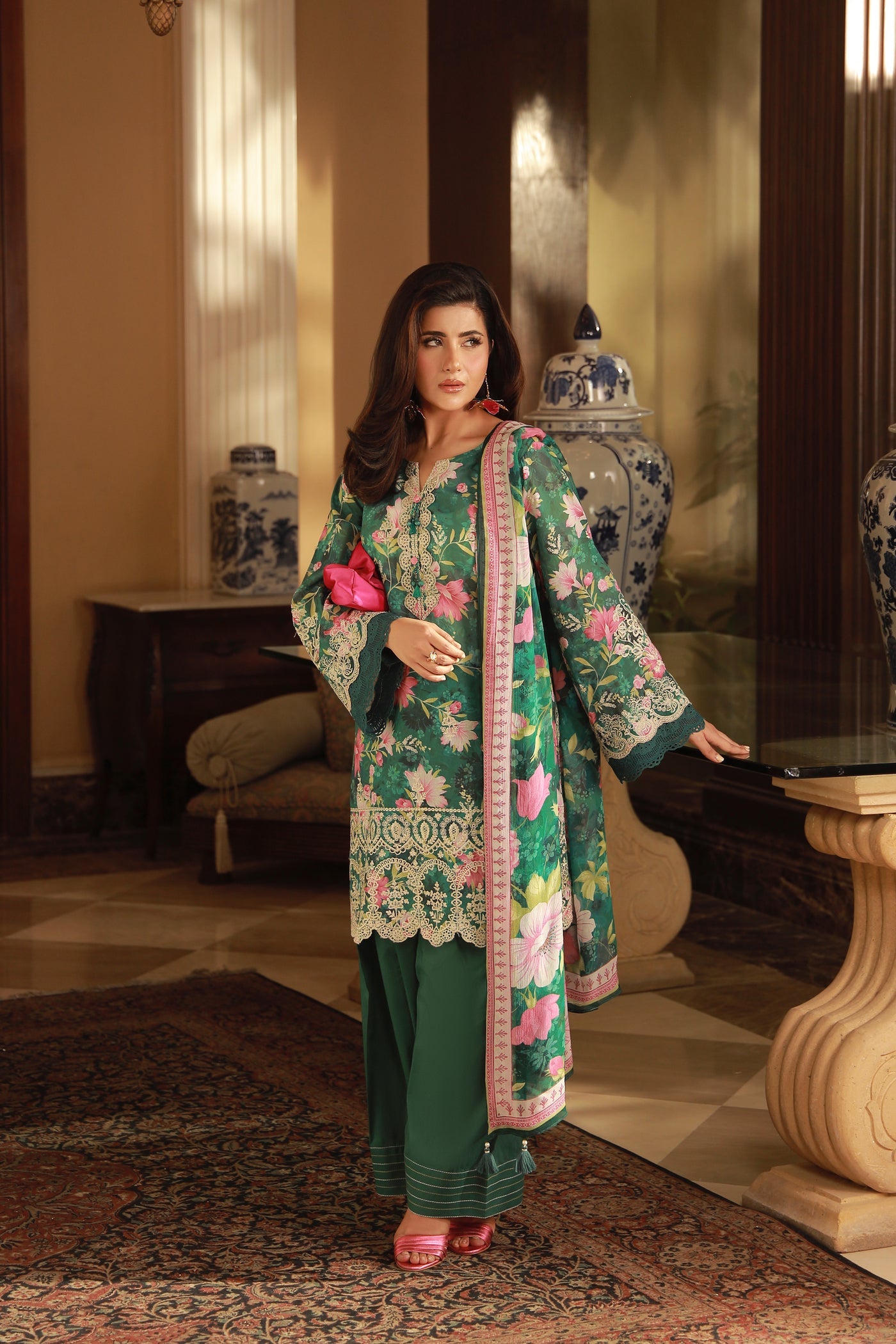 03 Piece Unstitched Embroidered With Printed Chiffon Dupatta Komal Lawn - Design 2