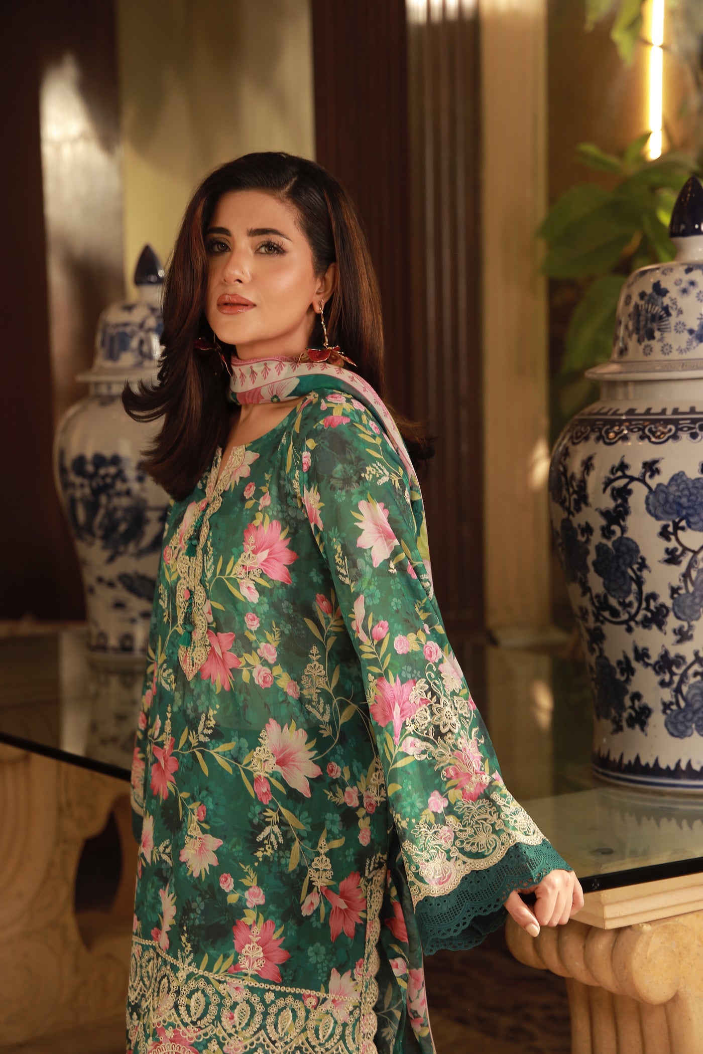 03 Piece Unstitched Embroidered With Printed Chiffon Dupatta Komal Lawn - Design 2