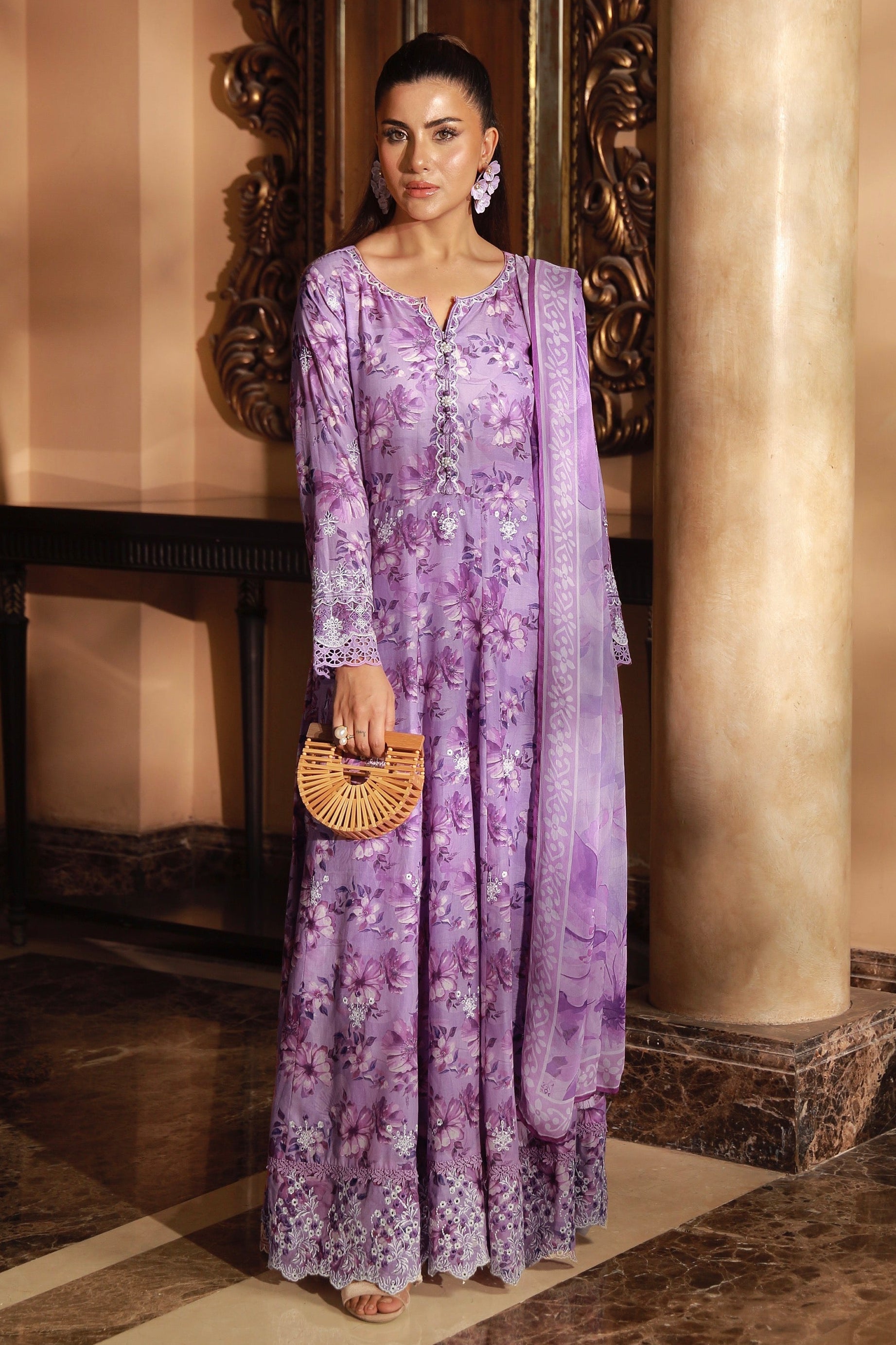 03 Piece Stitched Embroidered with Printed Chiffon Dupatta Komal Lawn
