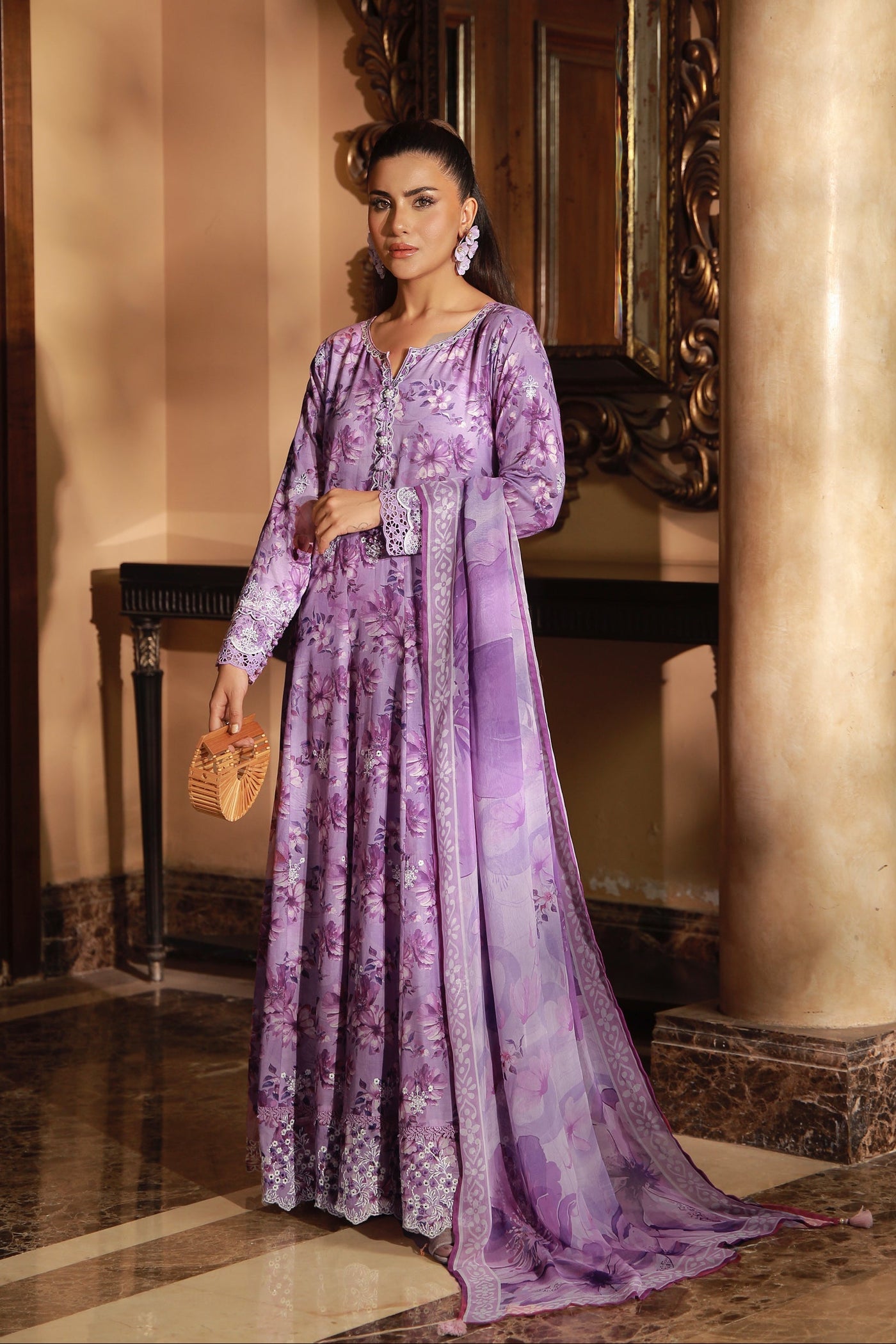 03 Piece Unstitched Embroidered With Printed Chiffon Dupatta Komal Lawn - Design 1