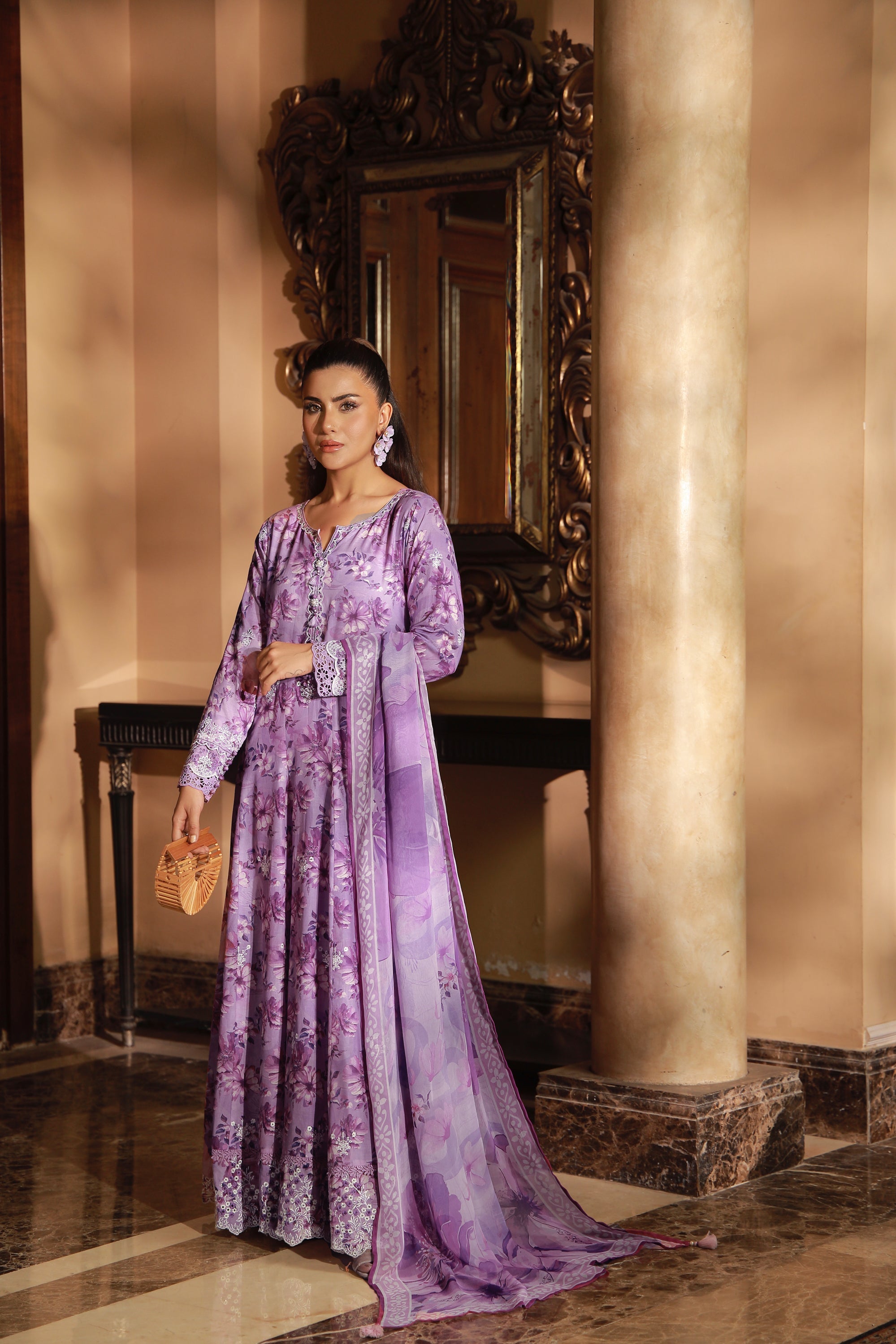 03 Piece Stitched Embroidered with Printed Chiffon Dupatta Komal Lawn