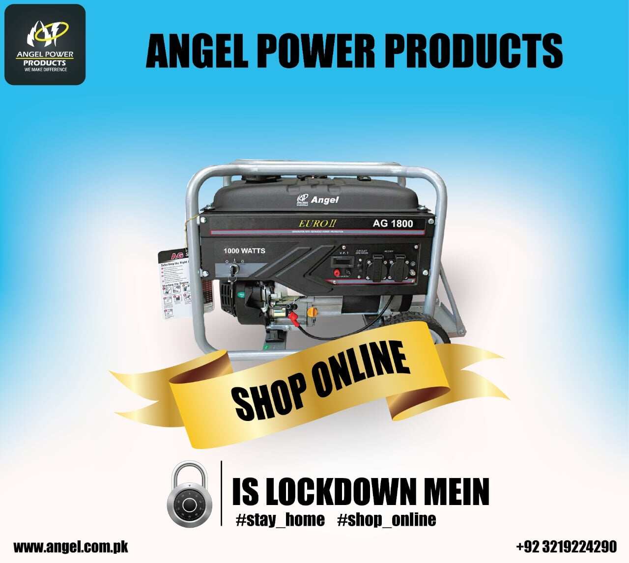 Angel Generator Euro5 AG 1800 Portable 1.2 KVA 1000Watt (1 Kw) Low Noice Alternator: 100% COPPER Starting SELF  6 Months Brand Warranty