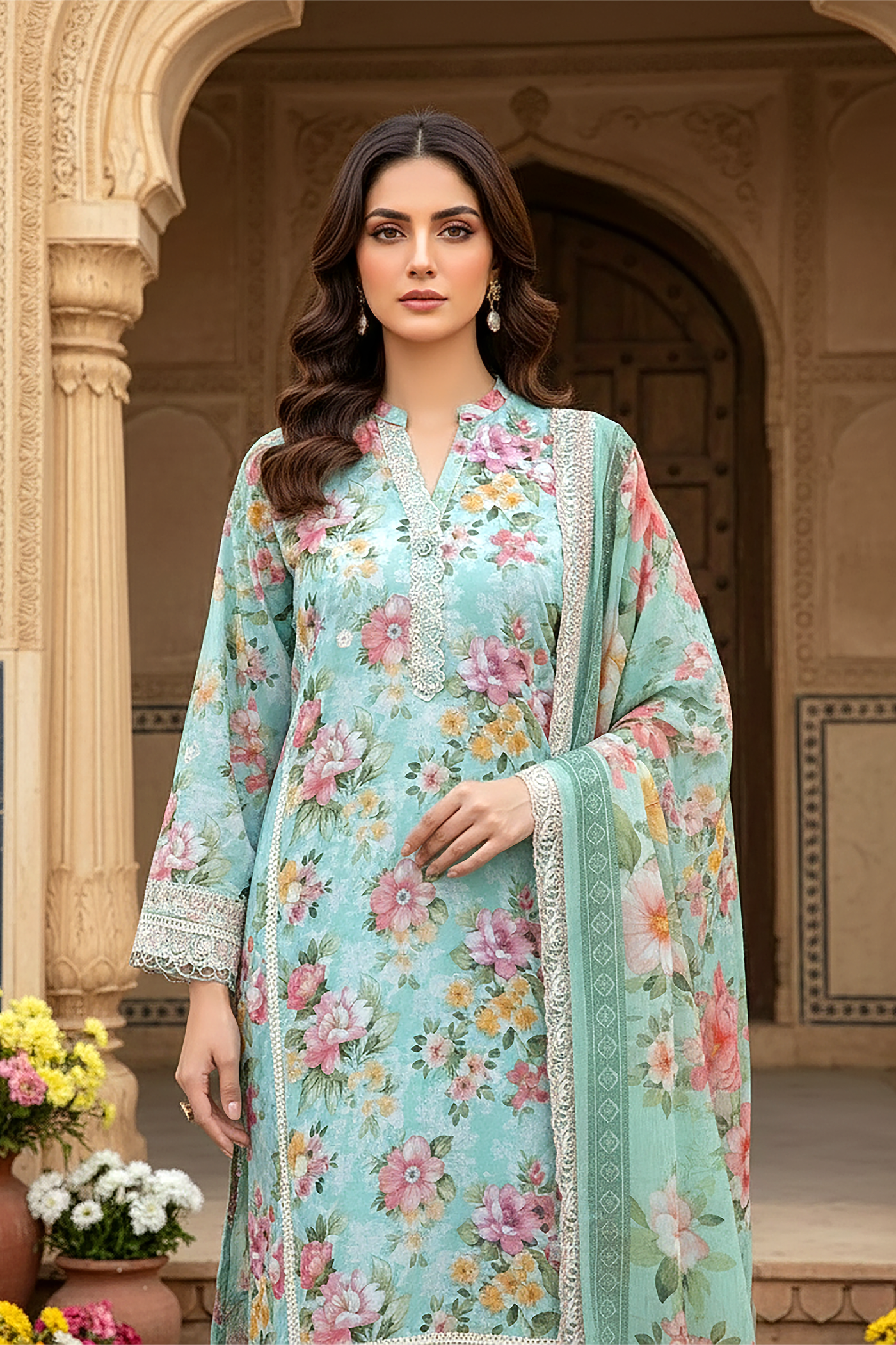 03 Piece Unstitched Embroidered with cutwork embroidered chiffon dupatta - Design 24