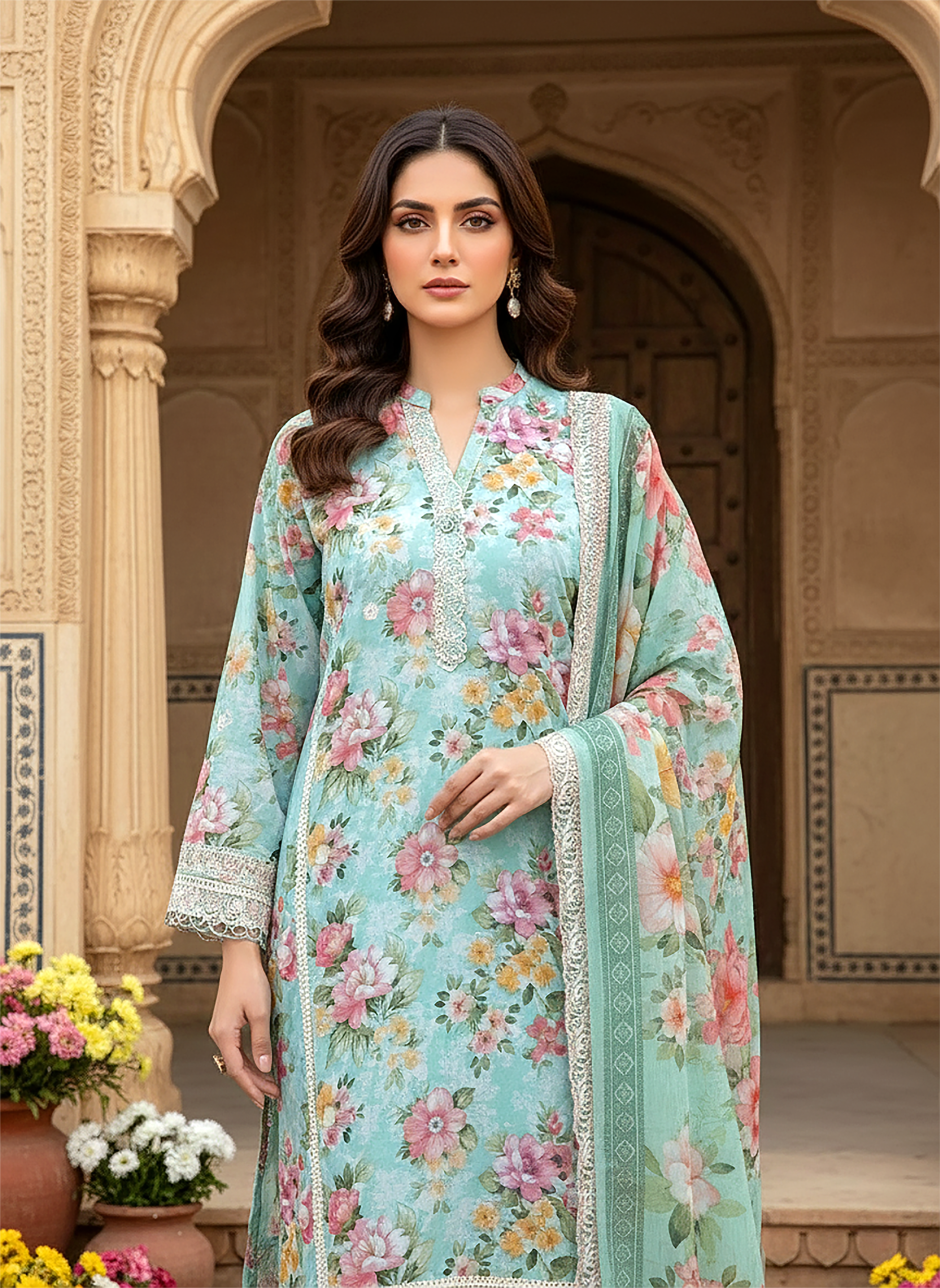 03 Piece Stitched Embroidered with cutwork embroidered chiffon dupatta