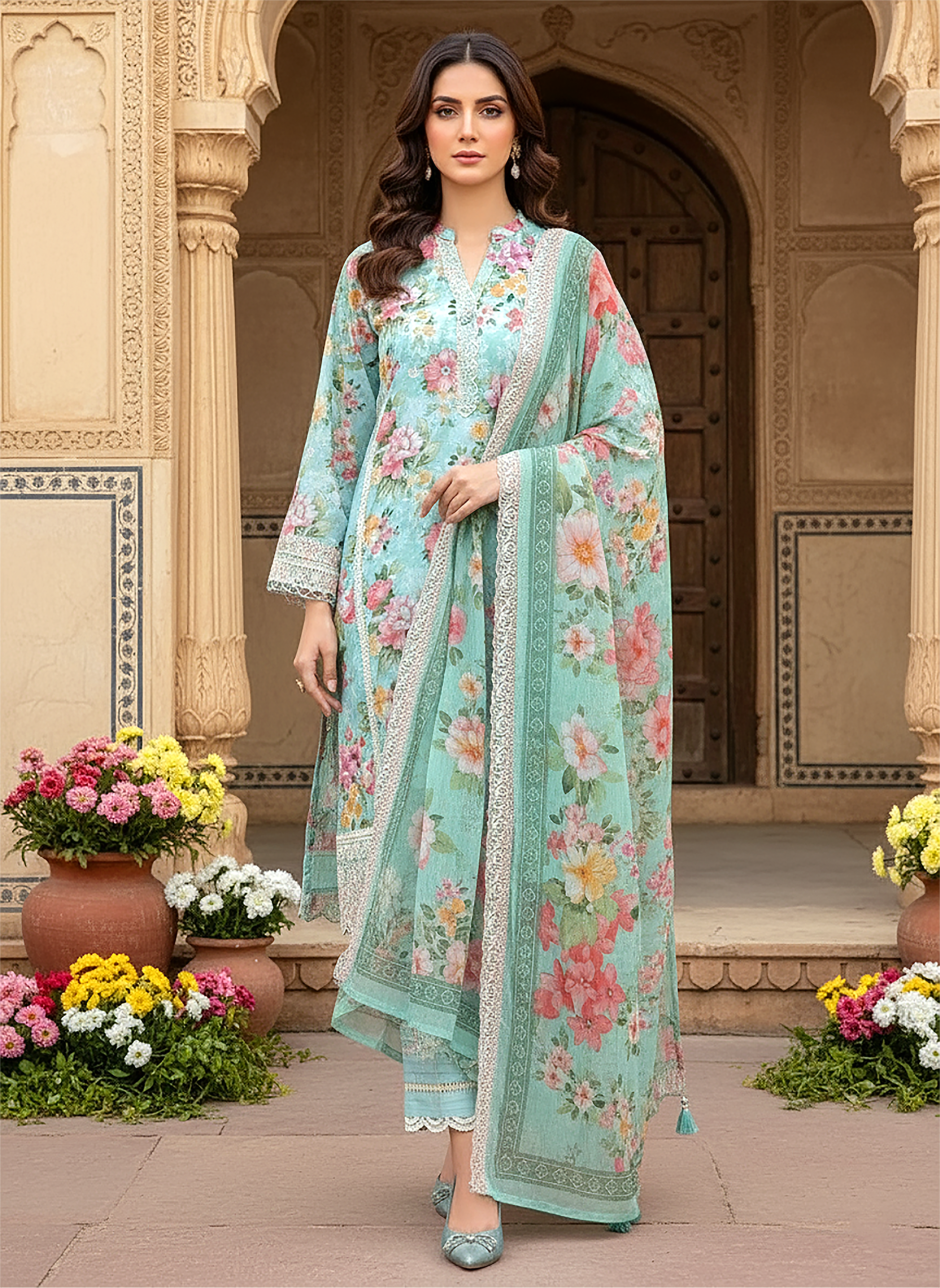 03 Piece Stitched Embroidered with cutwork embroidered chiffon dupatta