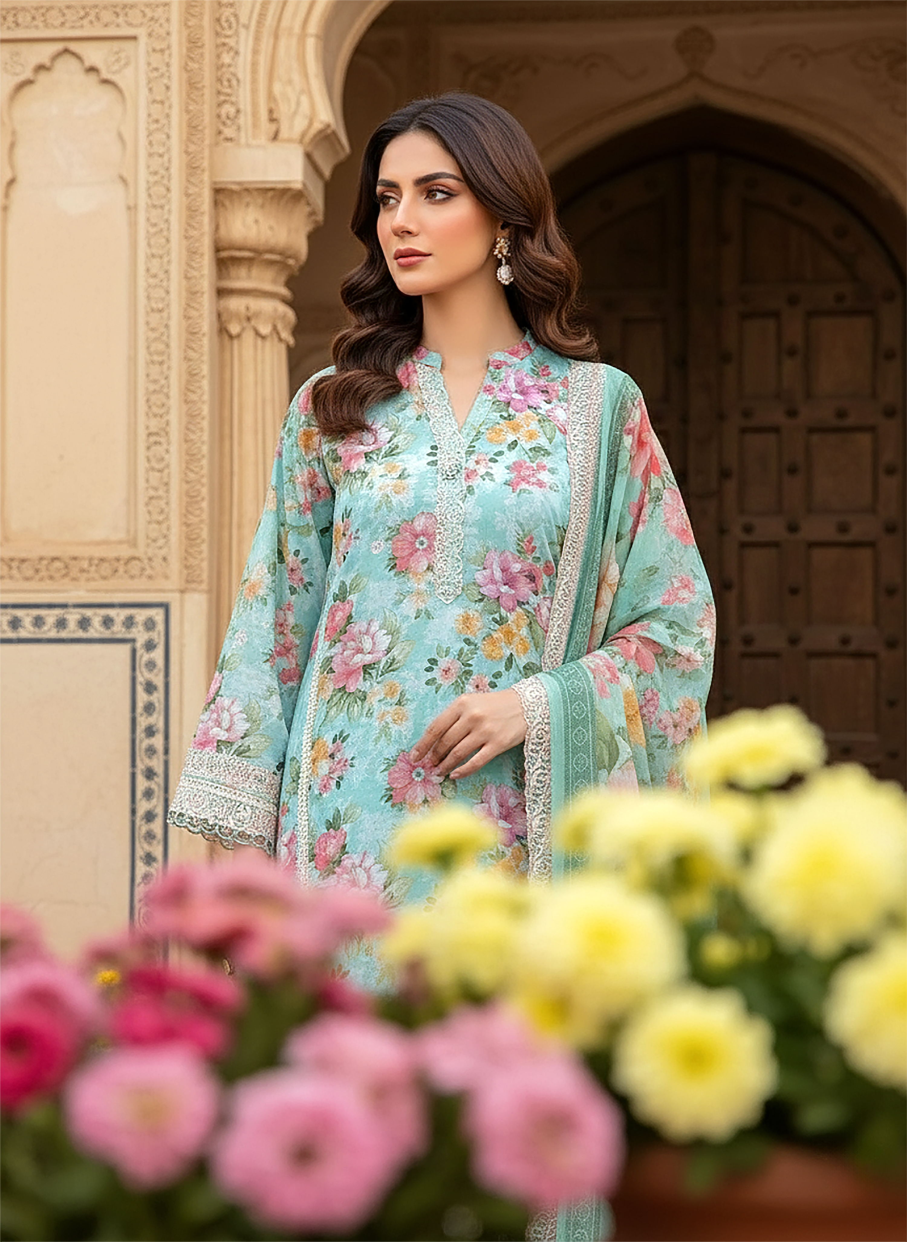 03 Piece Stitched Embroidered with cutwork embroidered chiffon dupatta
