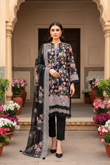 03 Piece Unstitched Embroidered with cutwork embroidered chiffon dupatta - Design 21
